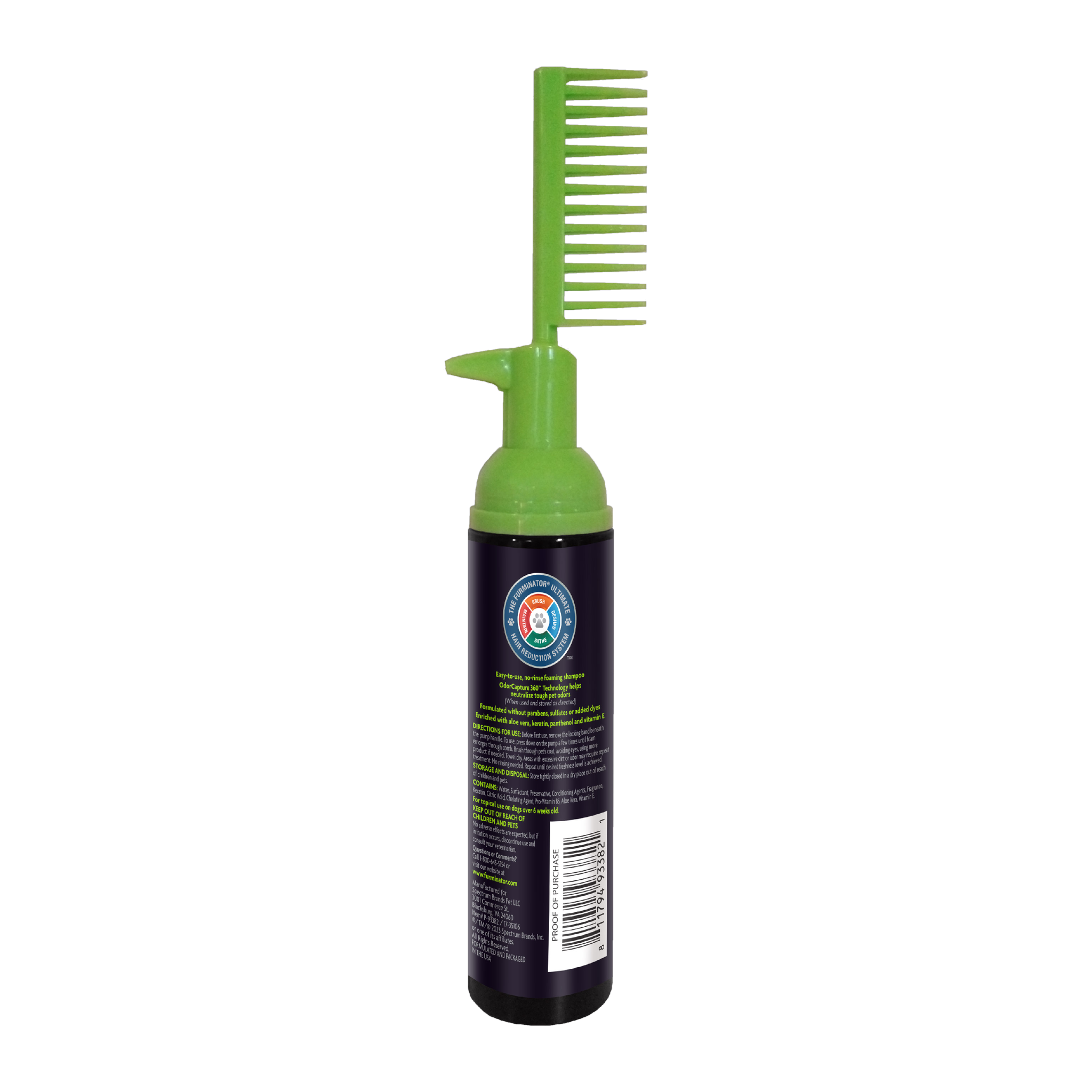 FURminator Tub-Free deShedding Foam Comb back label with directions and ingredients