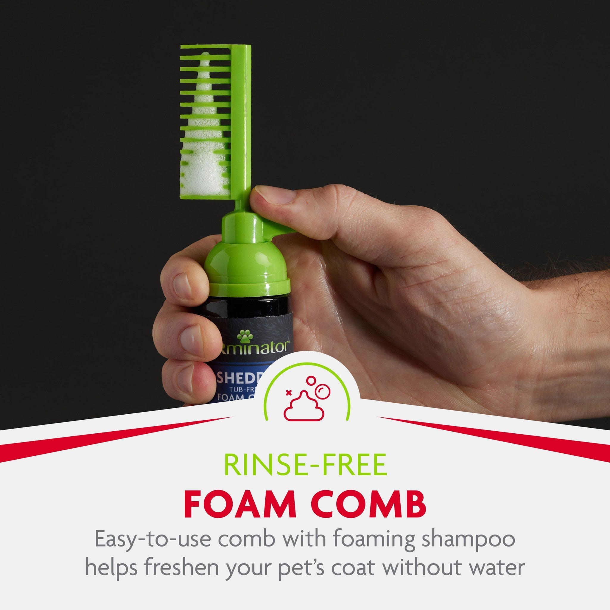 Rinse-free foam comb dispenses foaming shampoo through the comb teeth
