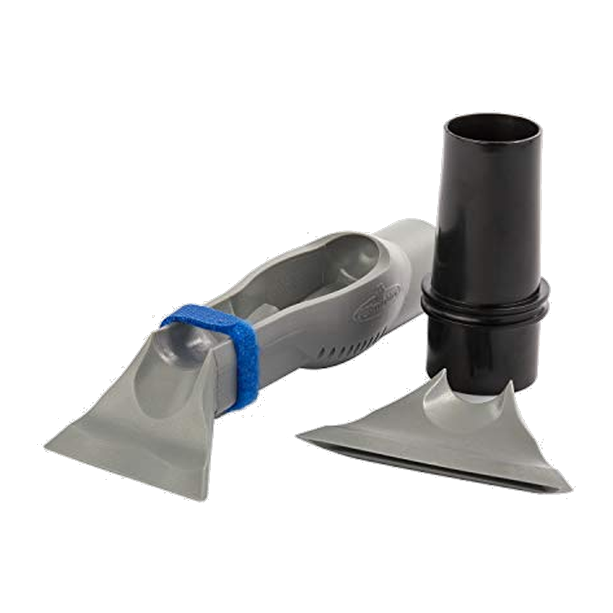 FURminator Vacuum Accessory showing two removable heads, black vacuum adapter, and blue securing strap
