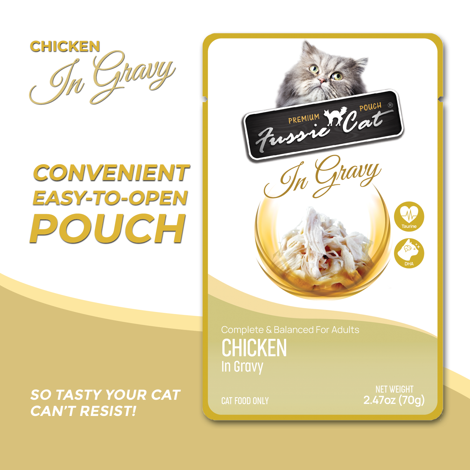 Fussie Cat Chicken in Gravy premium pouch with taurine and DHA shown from a second angle