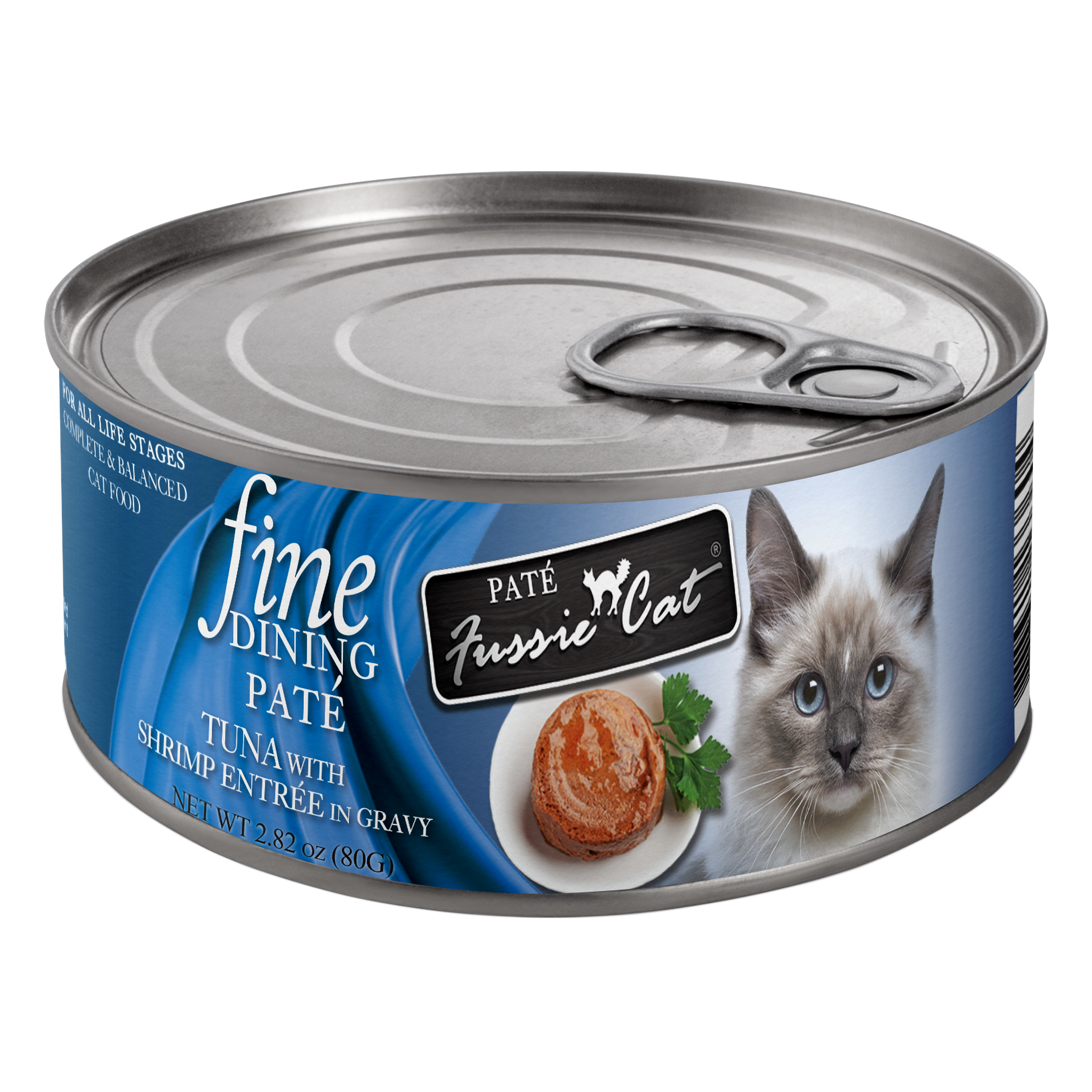 Fussie Cat Fine Dining Paté Tuna with Shrimp Entrée in Gravy Wet Cat Food package