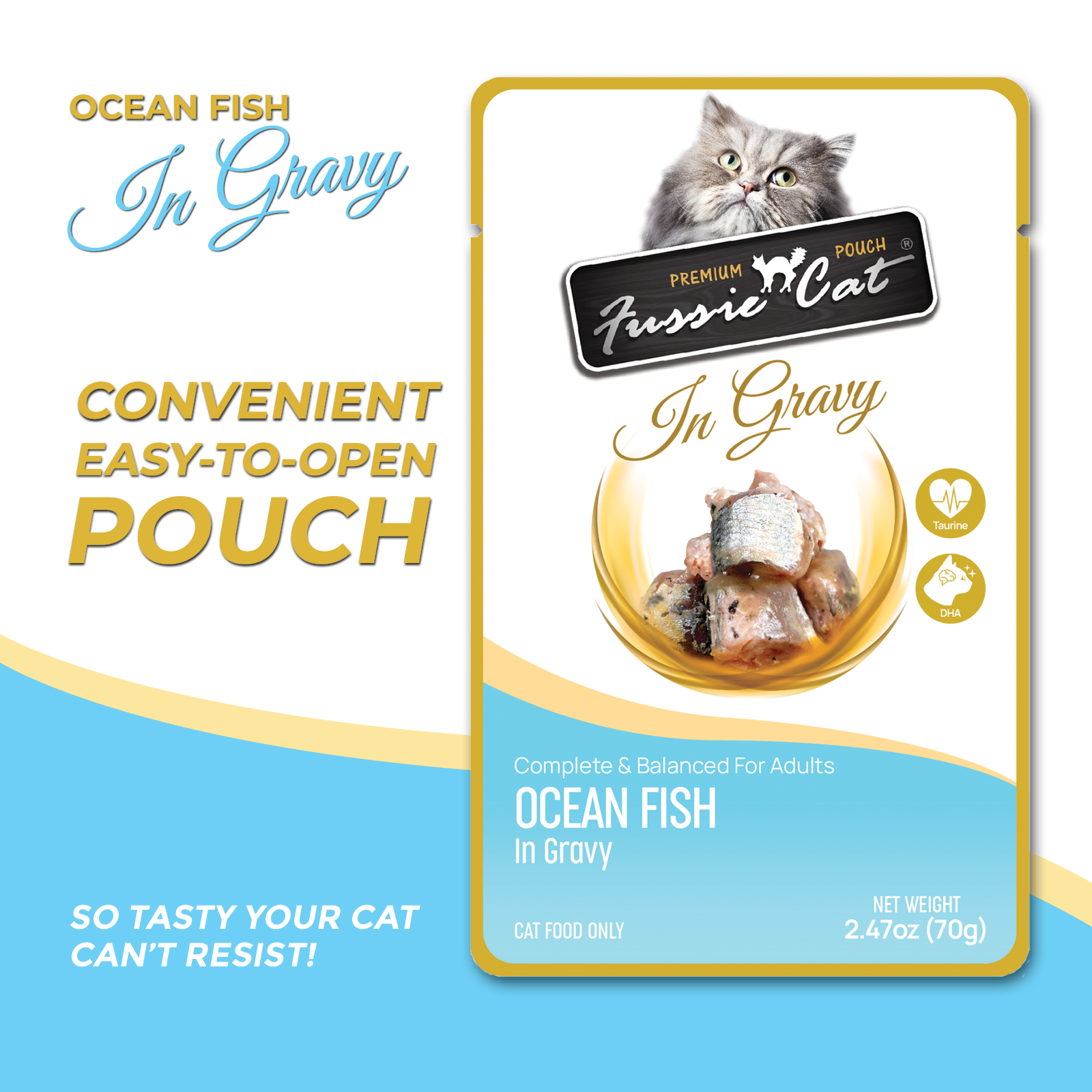 Fussie Cat Ocean Fish in Gravy premium pouch with taurine and DHA shown from a second angle
