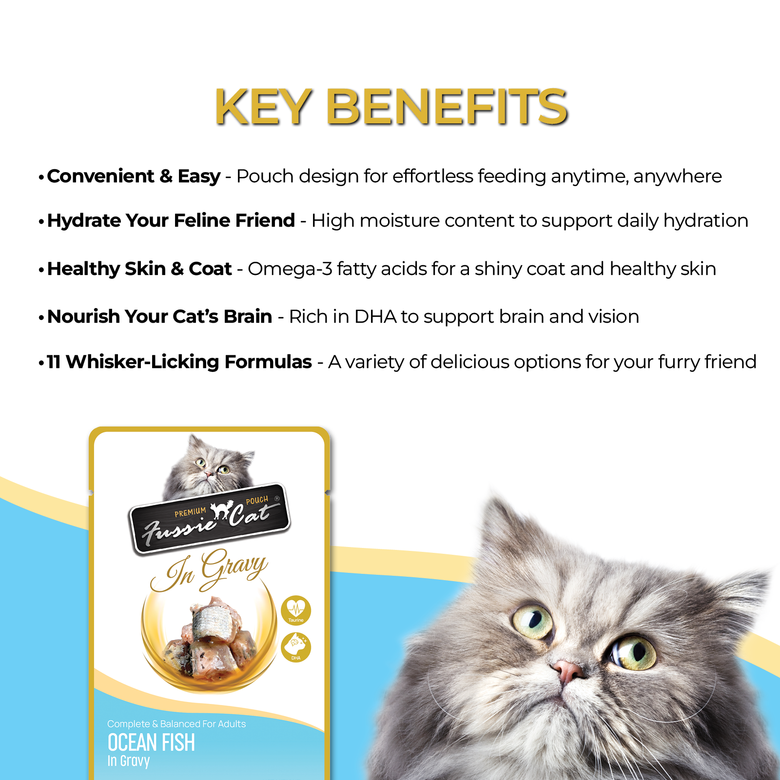 Fussie Cat Ocean Fish in Gravy premium pouch with taurine and DHA label detail with ingredients and guaranteed analysis