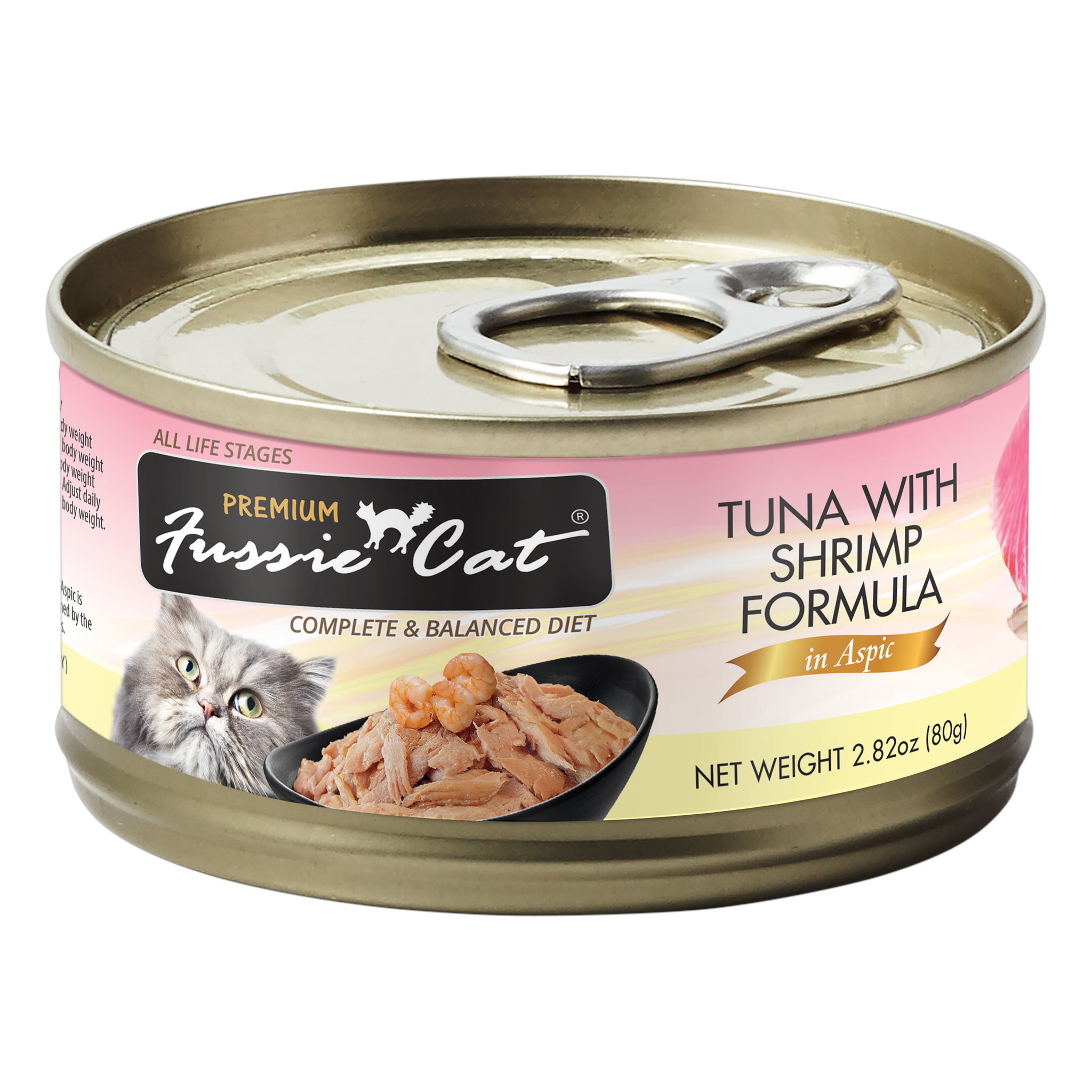 Fussie Cat Premium Tuna with Shrimp Formula in Aspic can, complete and balanced diet for all life stages