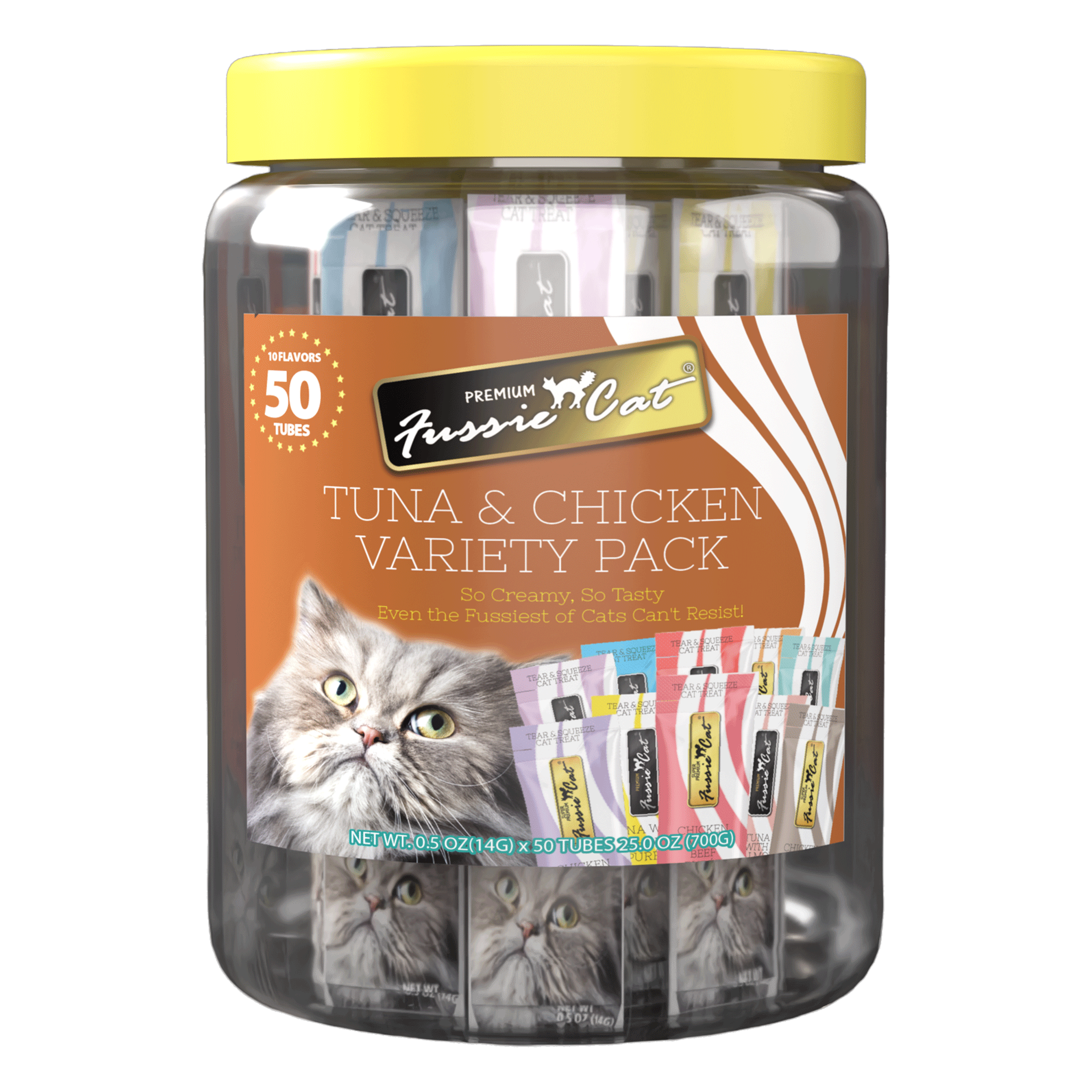 Fussie Cat Tuna and Chicken Purée Variety Pack jar with 50 treat tubes across 10 flavors