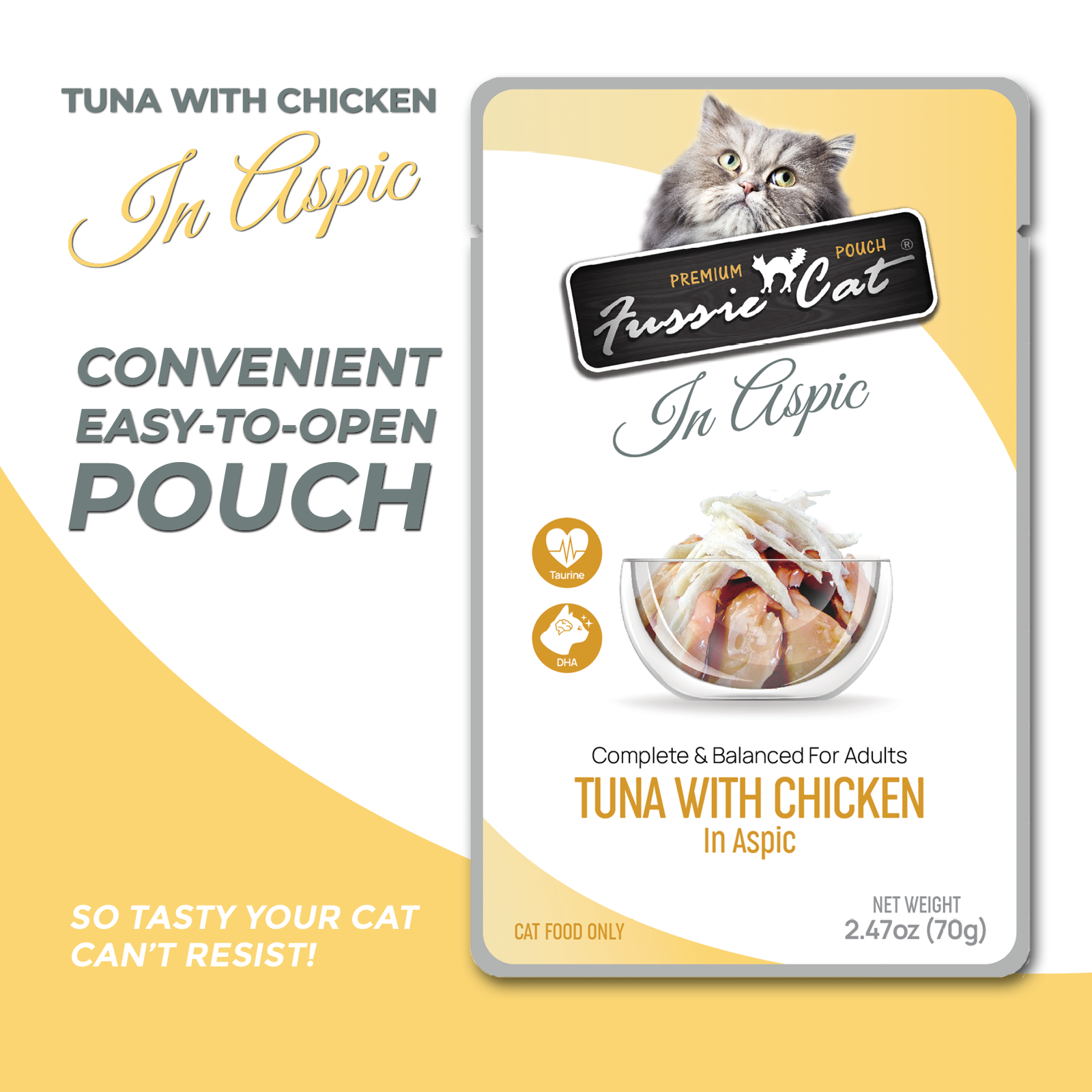 Fussie Cat Tuna with Chicken in Aspic premium pouch with taurine and DHA shown from a second angle