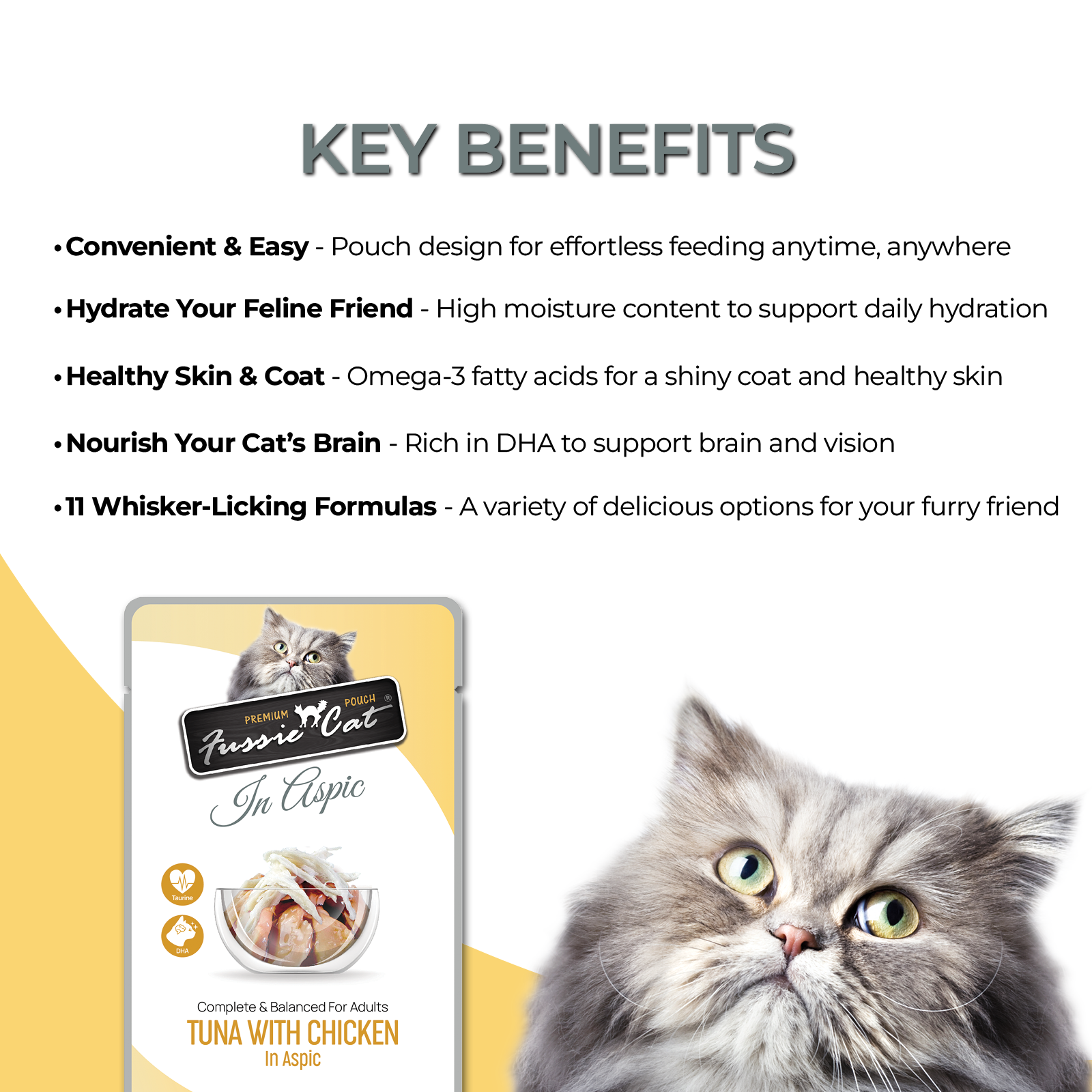 Fussie Cat Tuna with Chicken in Aspic premium pouch with taurine and DHA label detail with ingredients and guaranteed analysis