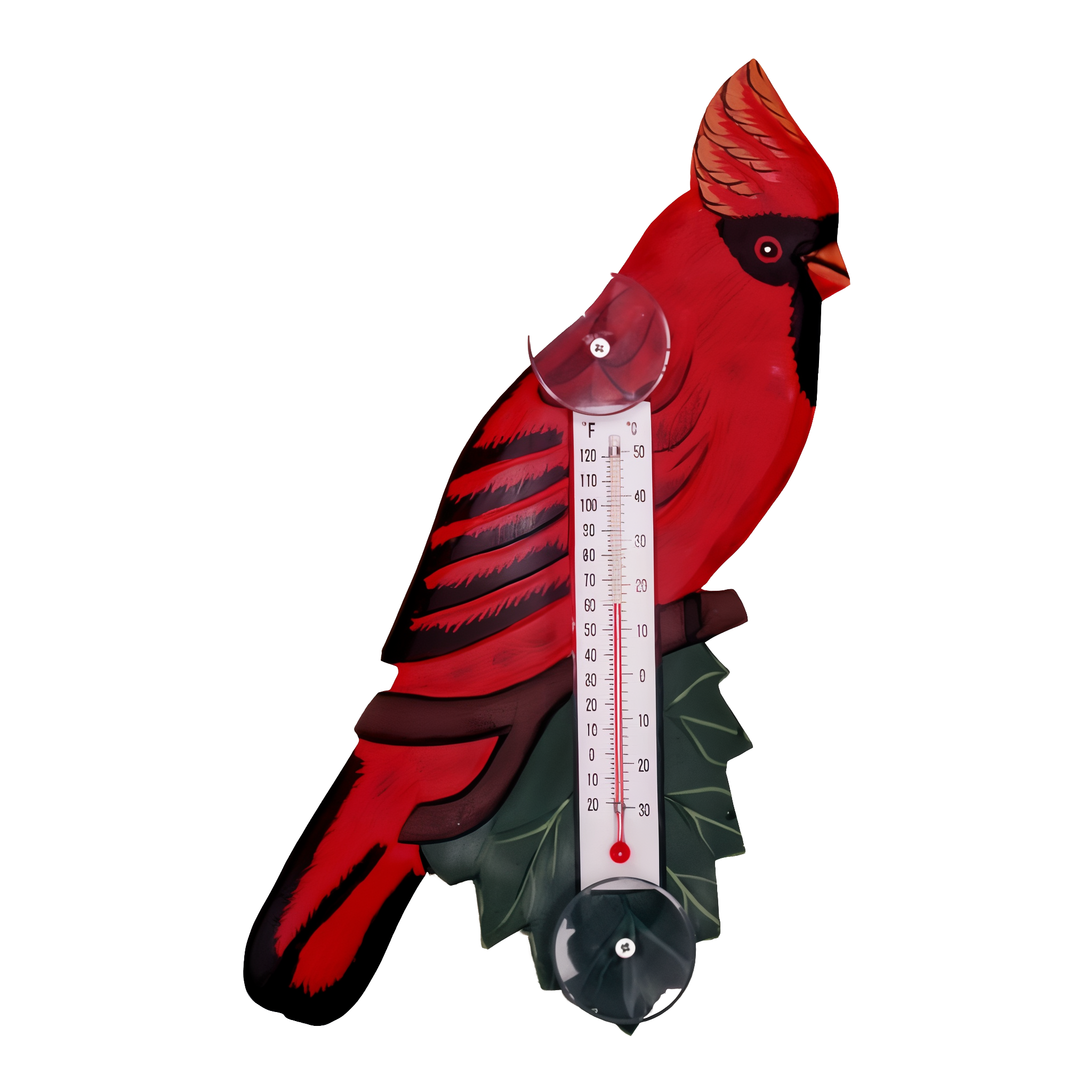 Gift Essentials hand-carved wood cardinal on branch window thermometer with Fahrenheit and Celsius scale and suction cups