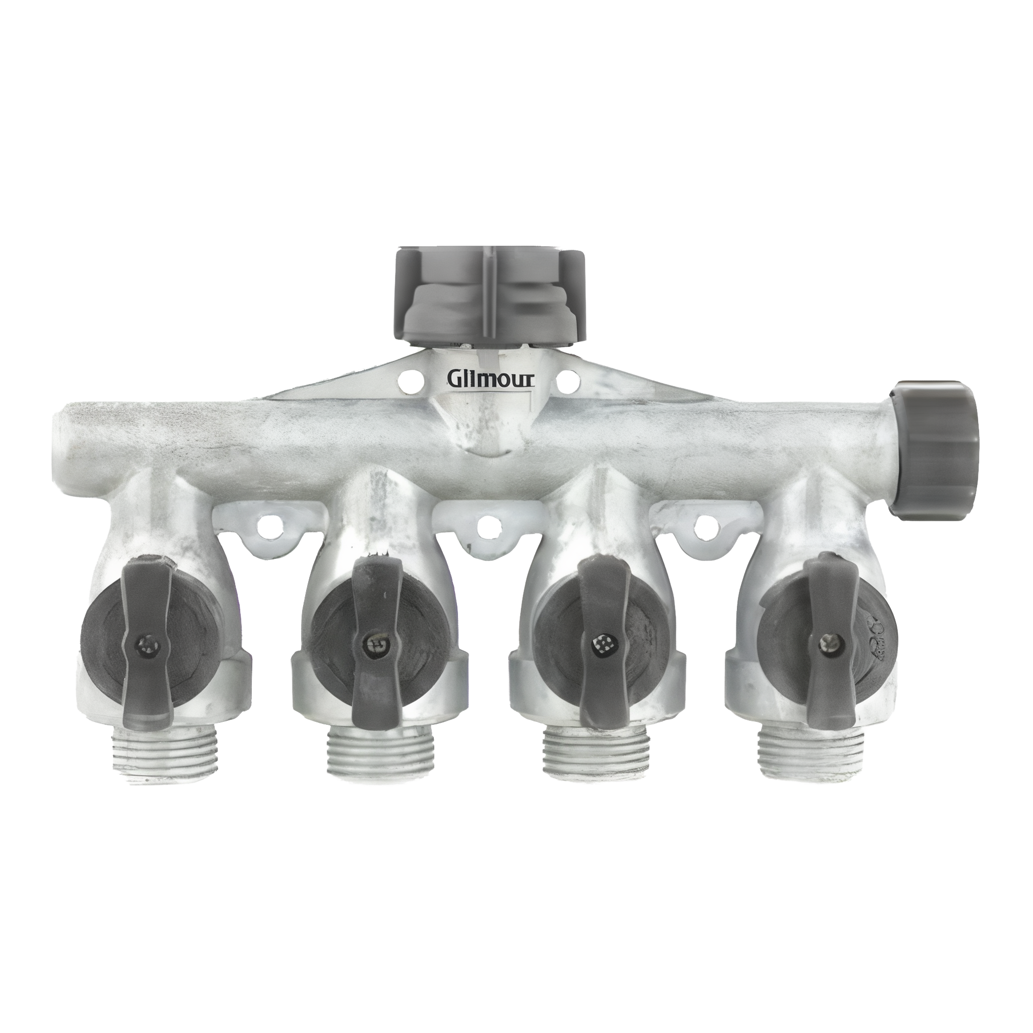 Gilmour Aluminum Full-Flow 4-Way Shut-Off Valve with four independent quarter-turn outlet levers