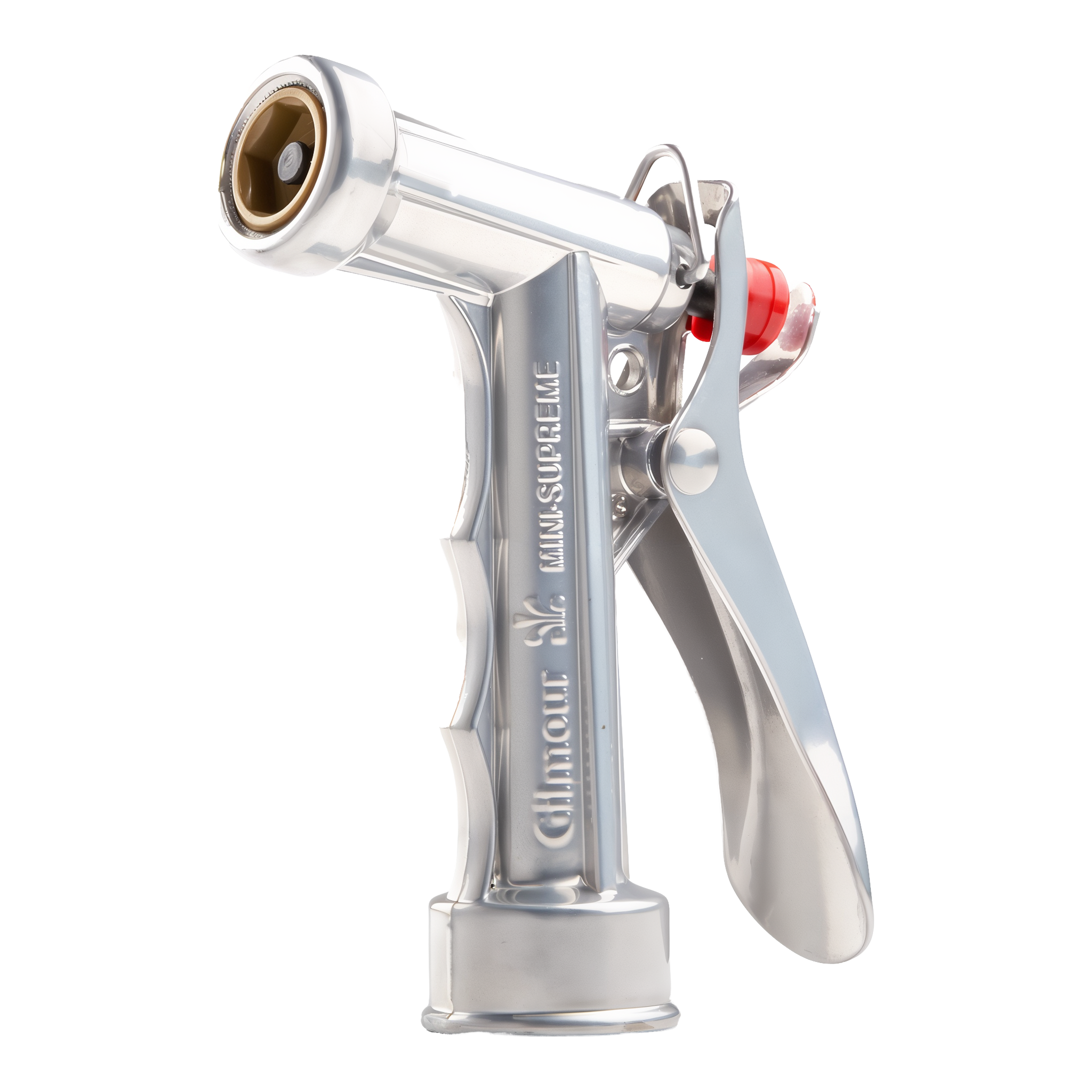 Gilmour Rear Control Watering Nozzle, model 0564, metal pistol nozzle with rear flow-control dial and hold-open clip