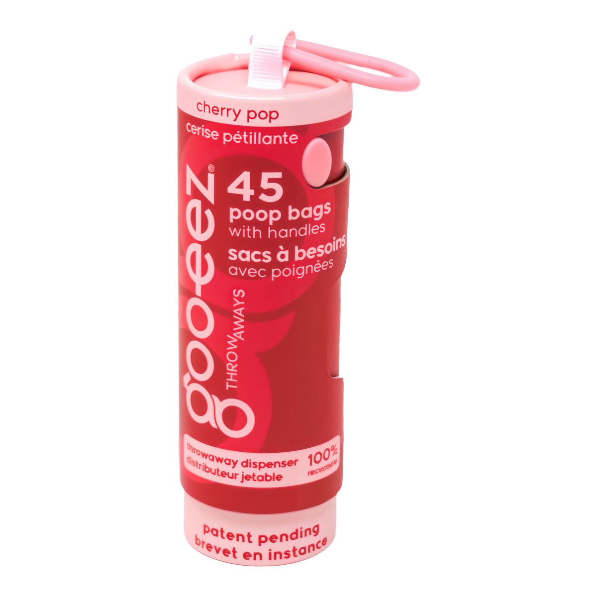 Goo-eez Throwaways Poop Bag Dispenser, Cherry Pop, 45 bags, pre-loaded recyclable tube with carabiner