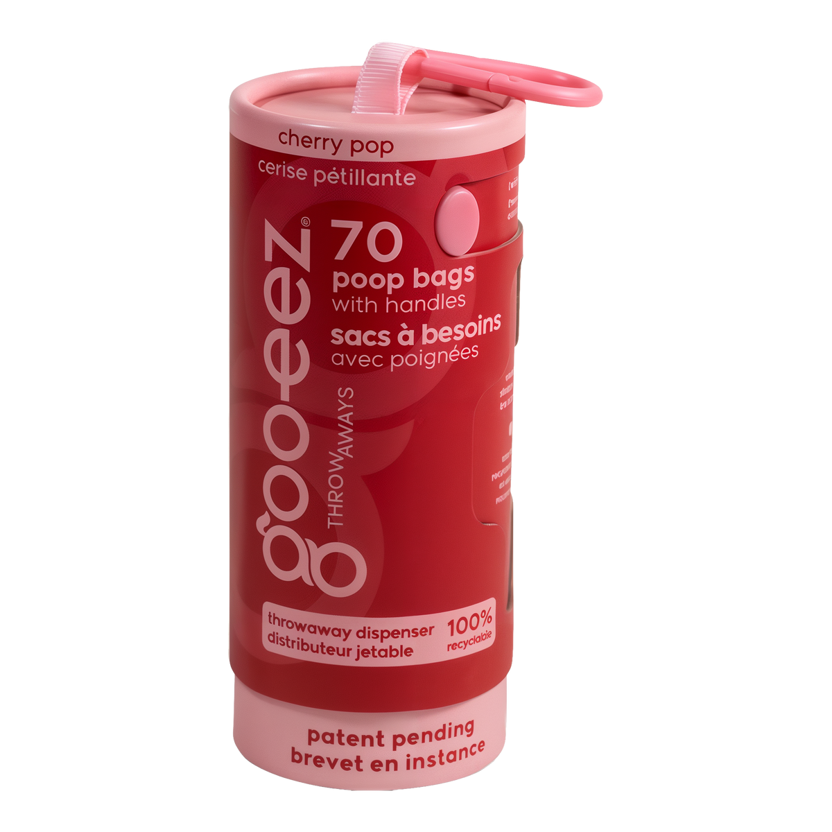 Goo-eez Throwaways Poop Bag Dispenser, Cherry Pop, 70 bags, pre-loaded recyclable tube with carabiner