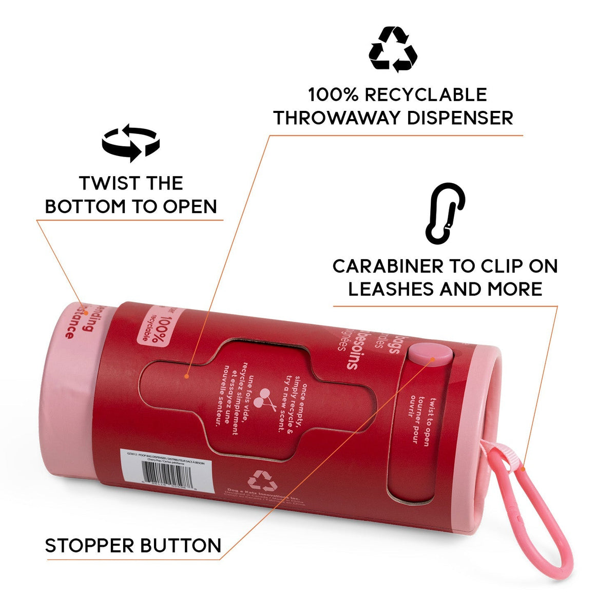 Goo-eez Throwaways features: twist the bottom to open, stopper button, carabiner clip, 100 percent recyclable dispenser