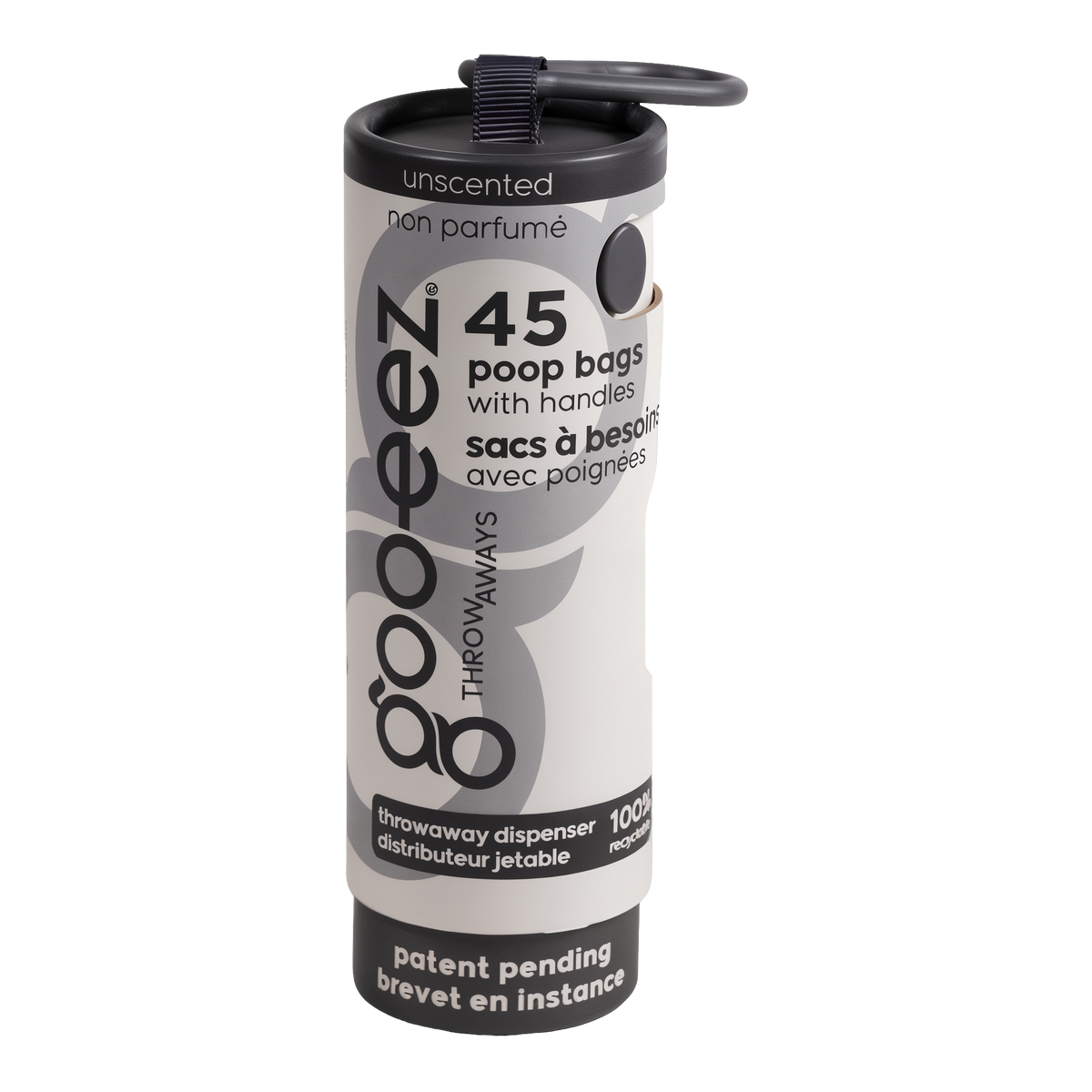 Goo-eez Throwaways Poop Bag Dispenser, Unscented, 45 bags, pre-loaded recyclable tube with carabiner