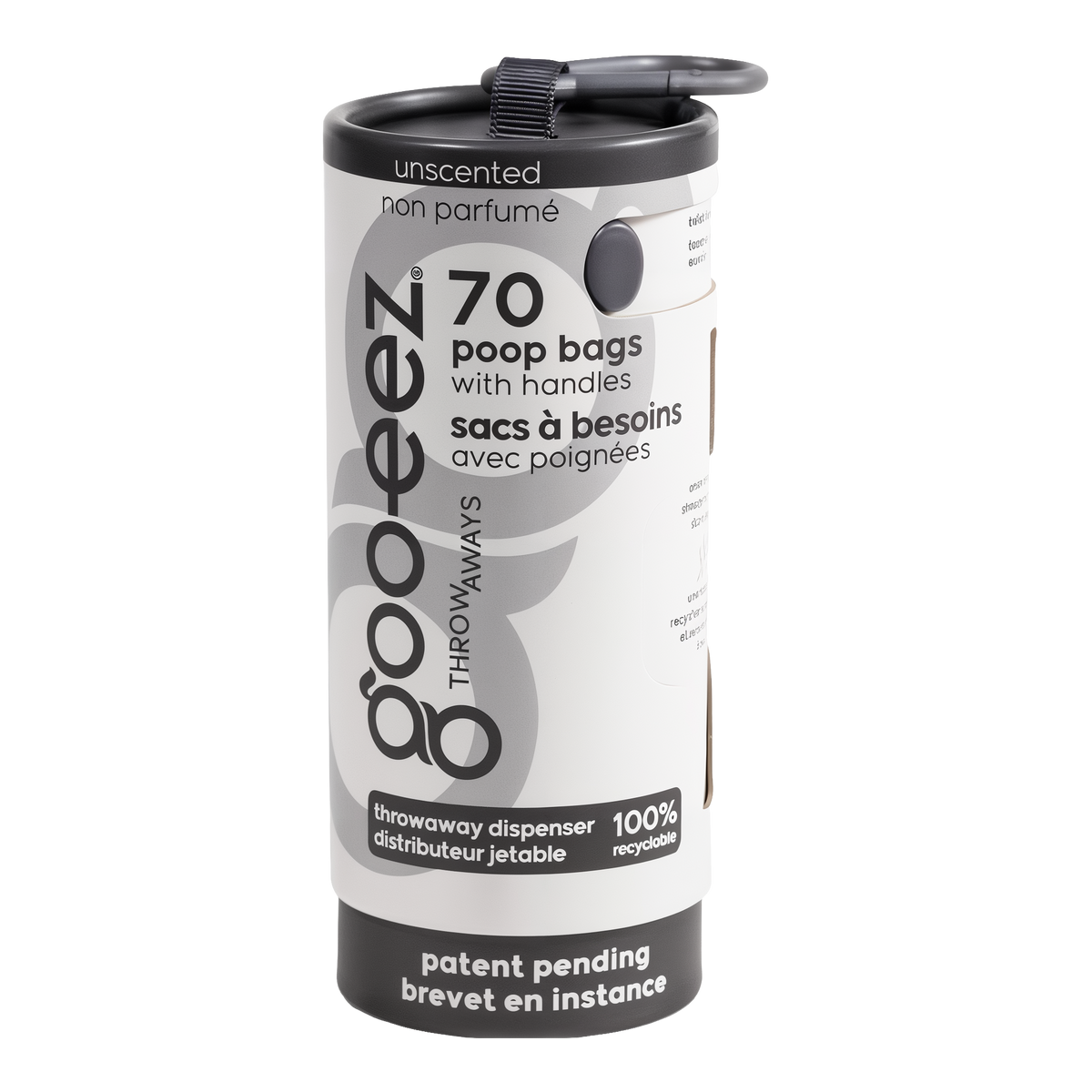 Goo-eez Throwaways Poop Bag Dispenser, Unscented, 70 bags, pre-loaded recyclable tube with carabiner