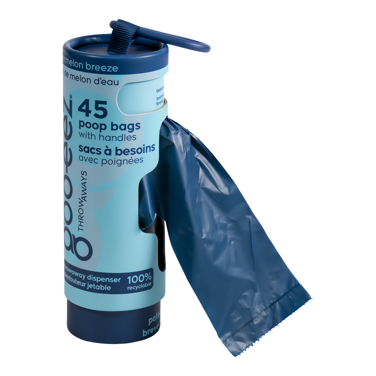 Goo-eez Throwaways dispenser with a bag pulled from the slot