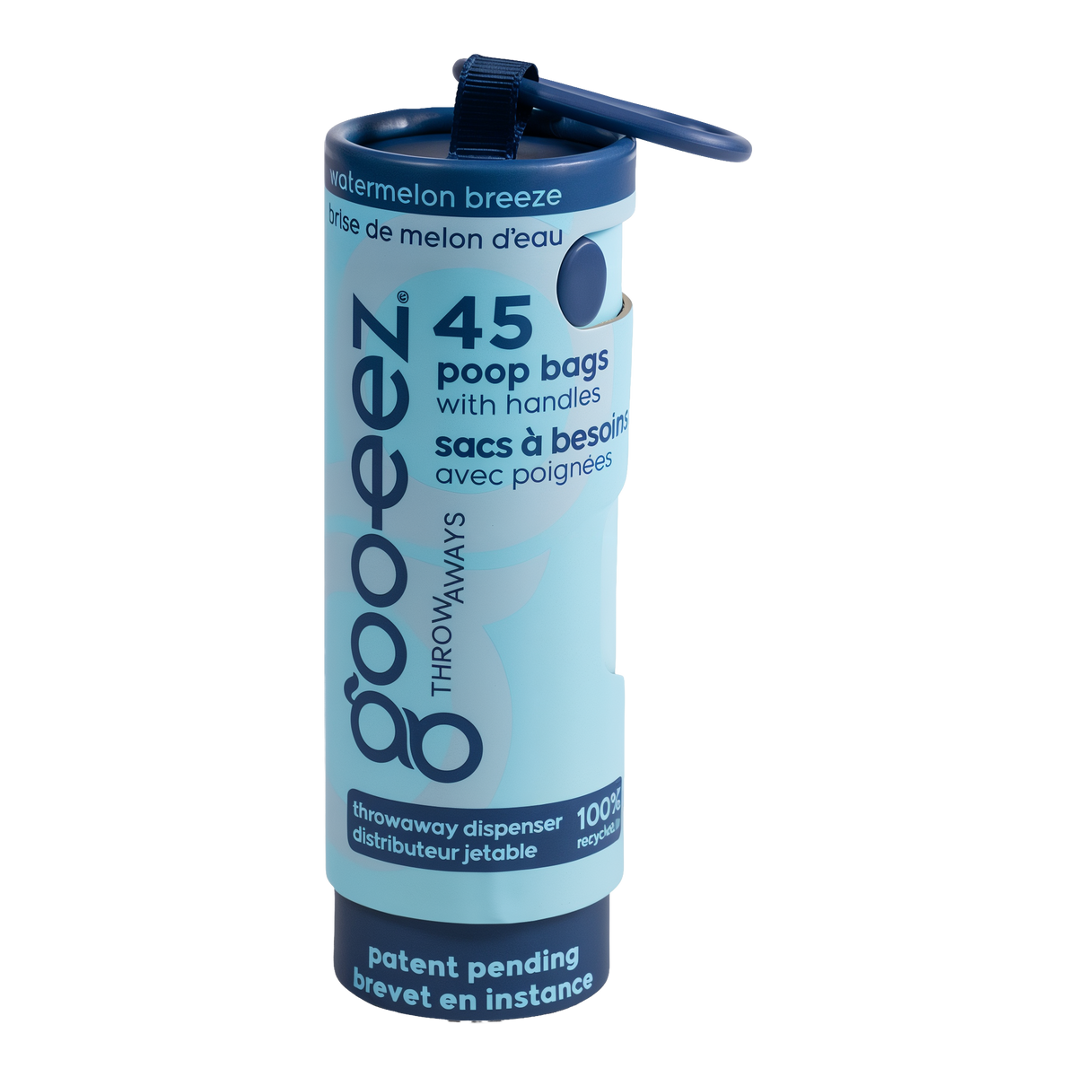 Goo-eez Throwaways Poop Bag Dispenser, Watermelon Breeze, 45 bags, pre-loaded recyclable tube with carabiner