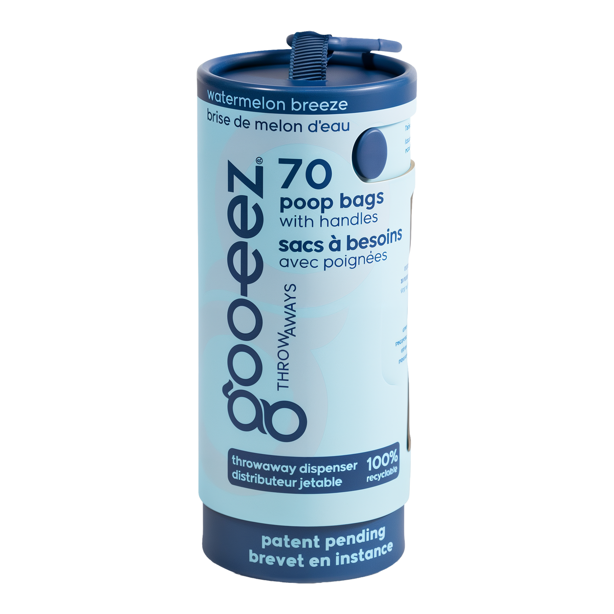 Goo-eez Throwaways Poop Bag Dispenser, Watermelon Breeze, 70 bags, pre-loaded recyclable tube with carabiner