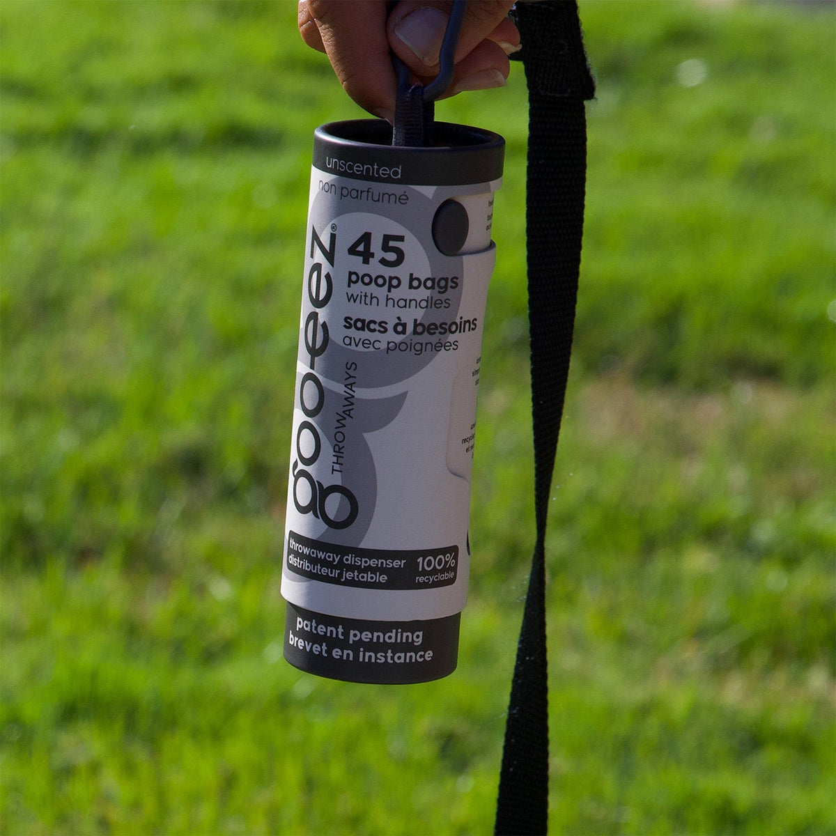 Goo-eez Throwaways unscented dispenser clipped to a leash on a walk