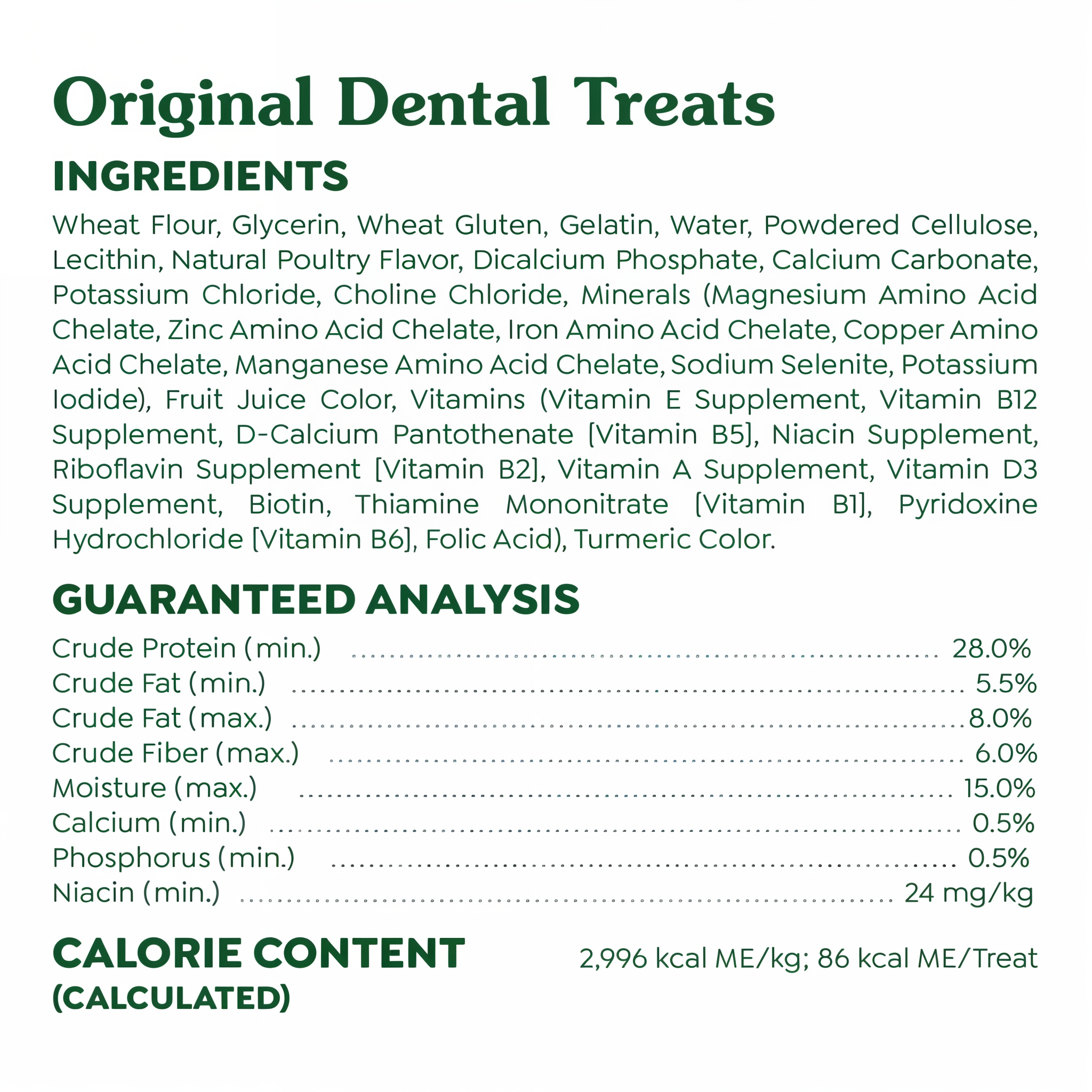 Greenies Original dental dog treats ingredients and guaranteed analysis