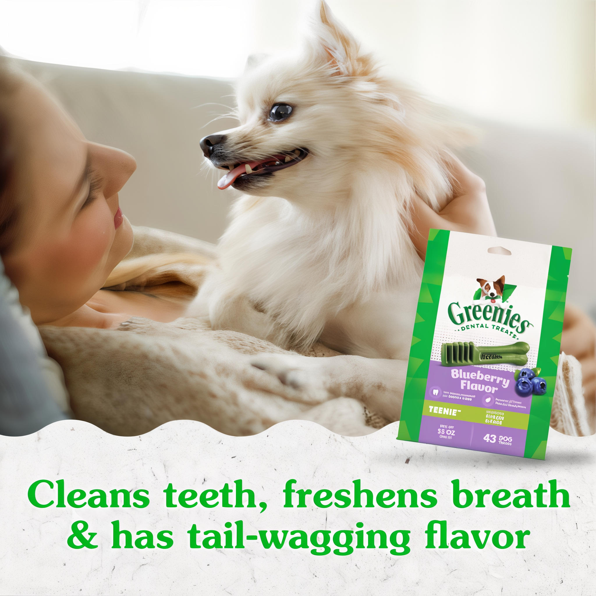 Greenies Teenie Natural Dental Dog Treats Blueberry Flavor in use