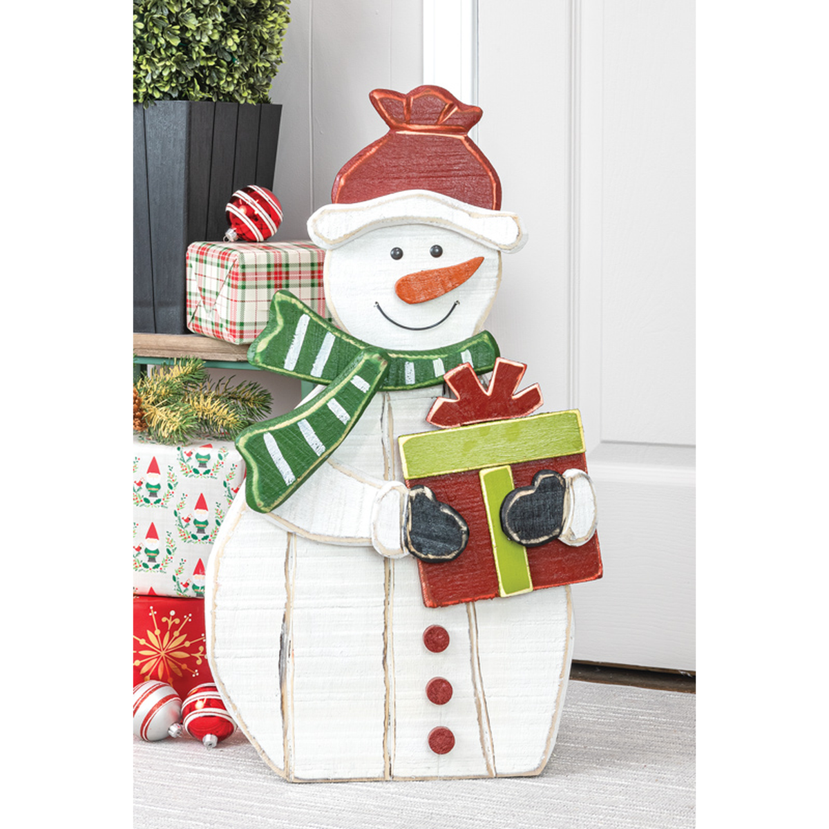 Hanna's Handiworks Wooden Snowman with Present Stander -- lifestyle