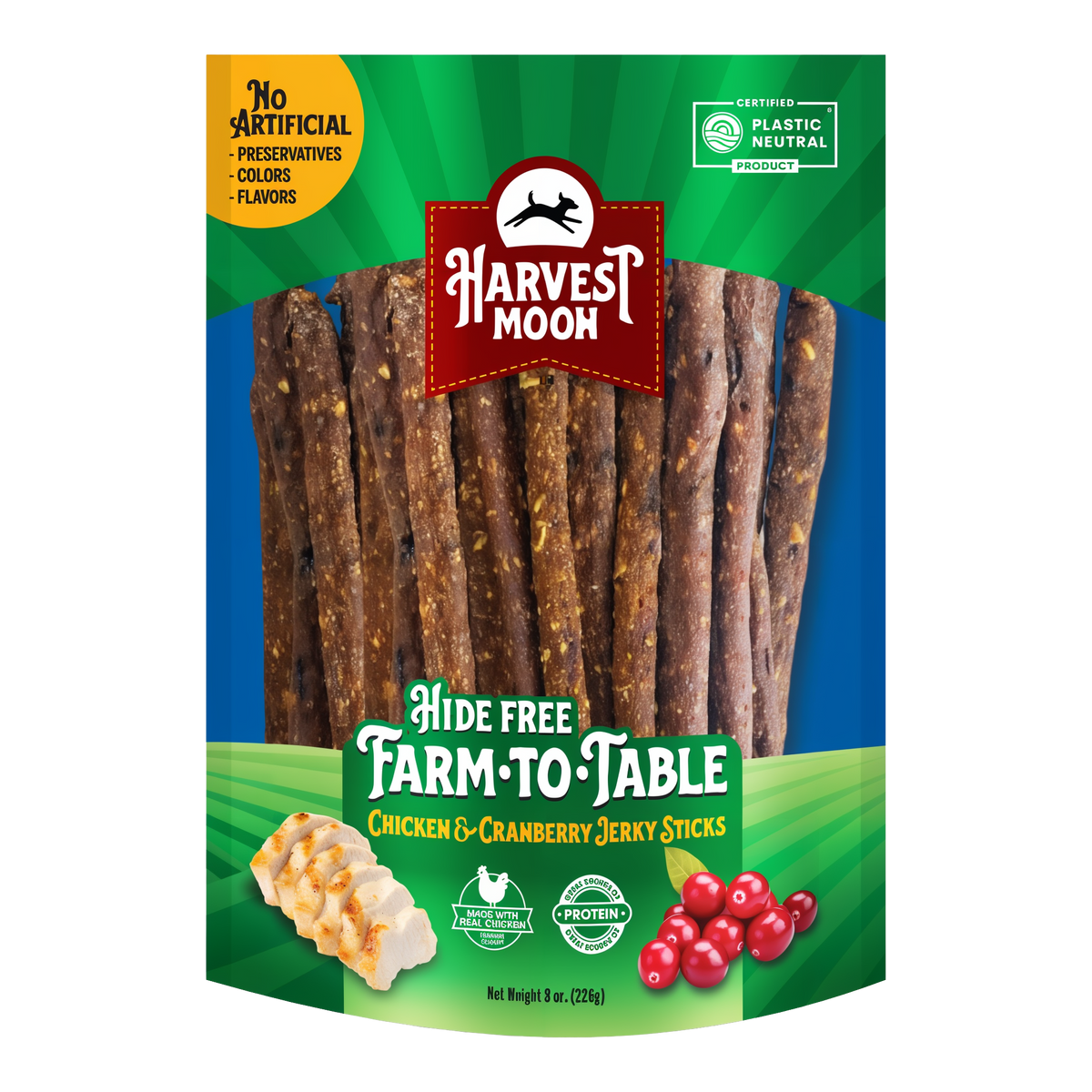 Harvest Moon Farm to Table Chicken & Cranberry Jerky Sticks 8 OZ bag front with treats