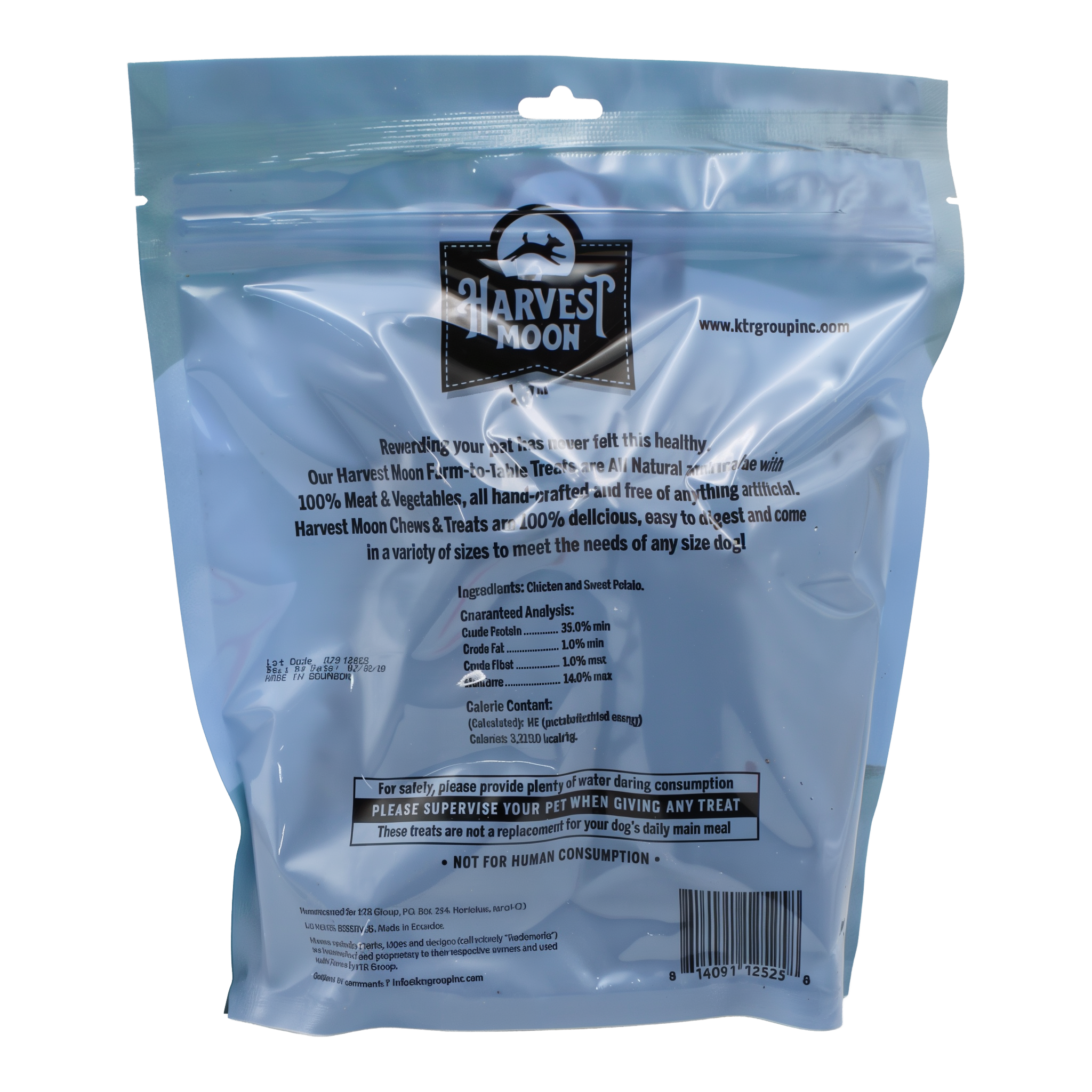Harvest Moon Farm to Table Chicken & Sweet Potato Slices 7 OZ back of bag with ingredients and guaranteed analysis