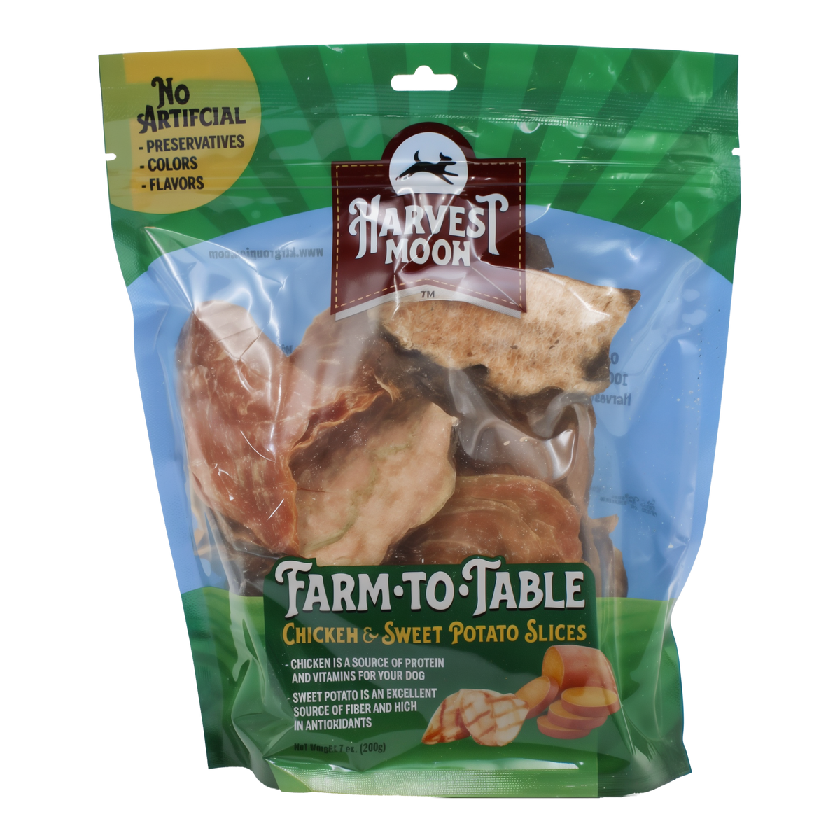 Harvest Moon Farm to Table Chicken & Sweet Potato Slices 7 OZ bag front with sliced chicken and sweet potato jerky visible
