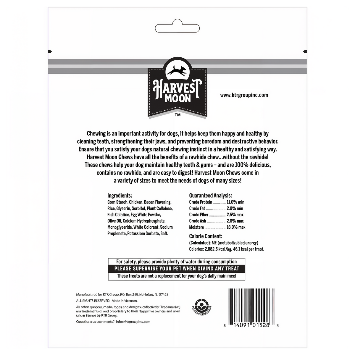 Harvest Moon Hide Free Bacon Chips 8 Pack back label with ingredients and guaranteed analysis