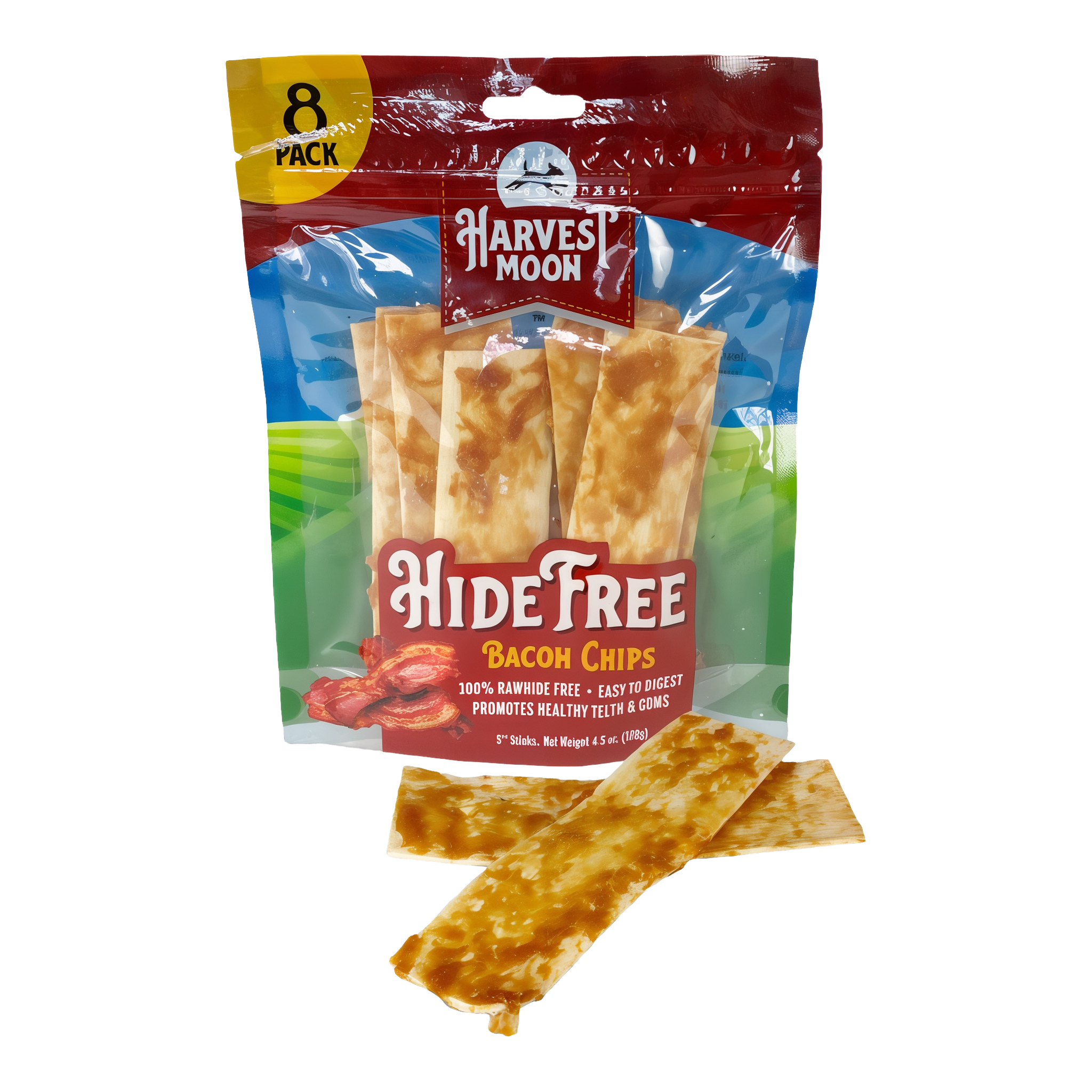 Harvest Moon Hide Free Bacon Chips 8 Pack bag front with treats