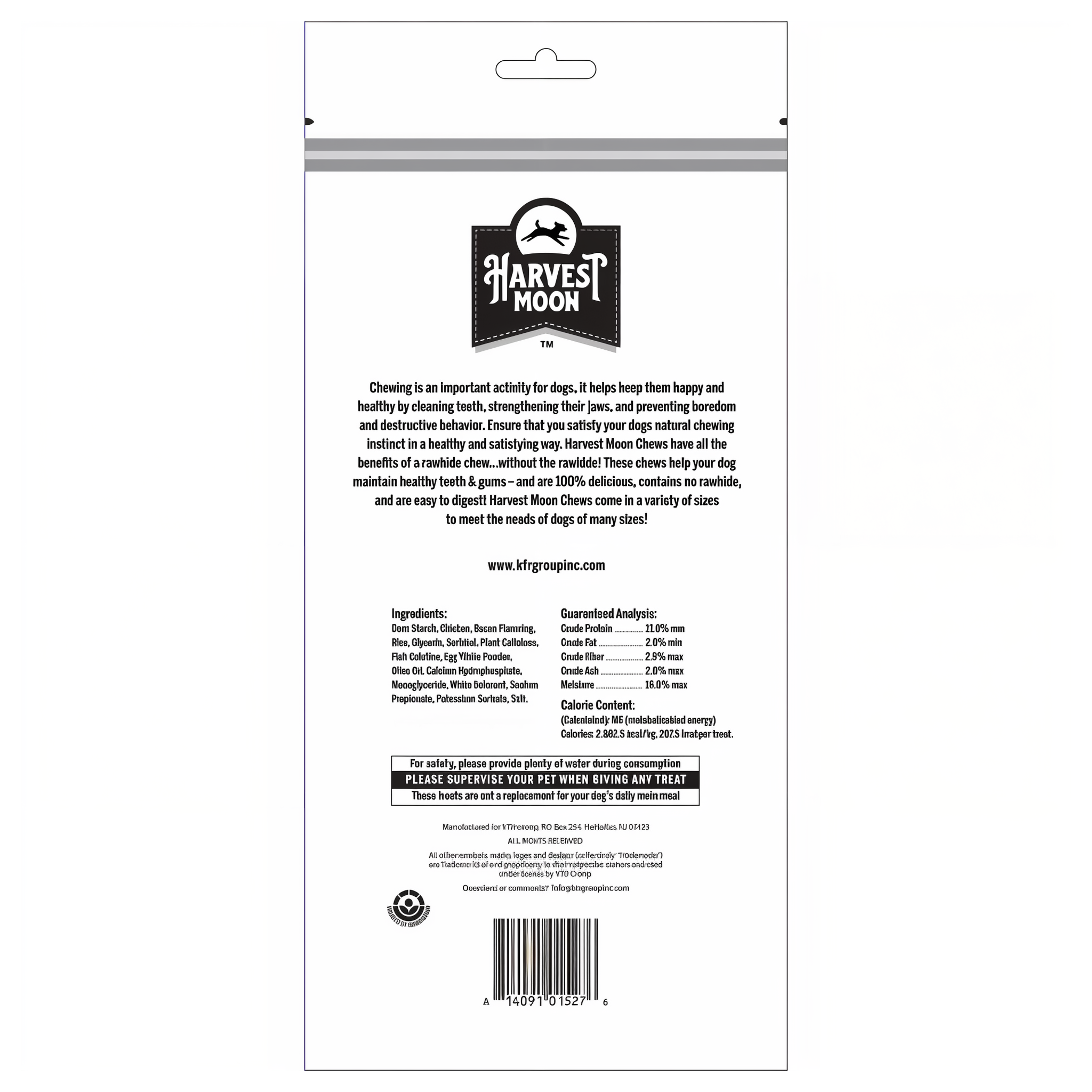 Harvest Moon Hide Free Bacon Retriever Rolls 3 Pack back label with ingredients and guaranteed analysis