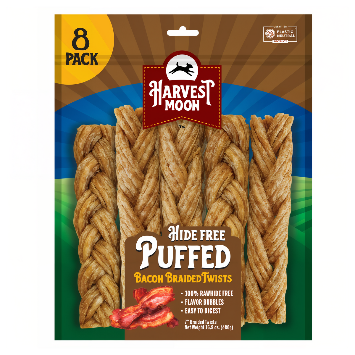Harvest Moon Hide Free Puffed Bacon Braided Twists 8 Pack bag front with treats