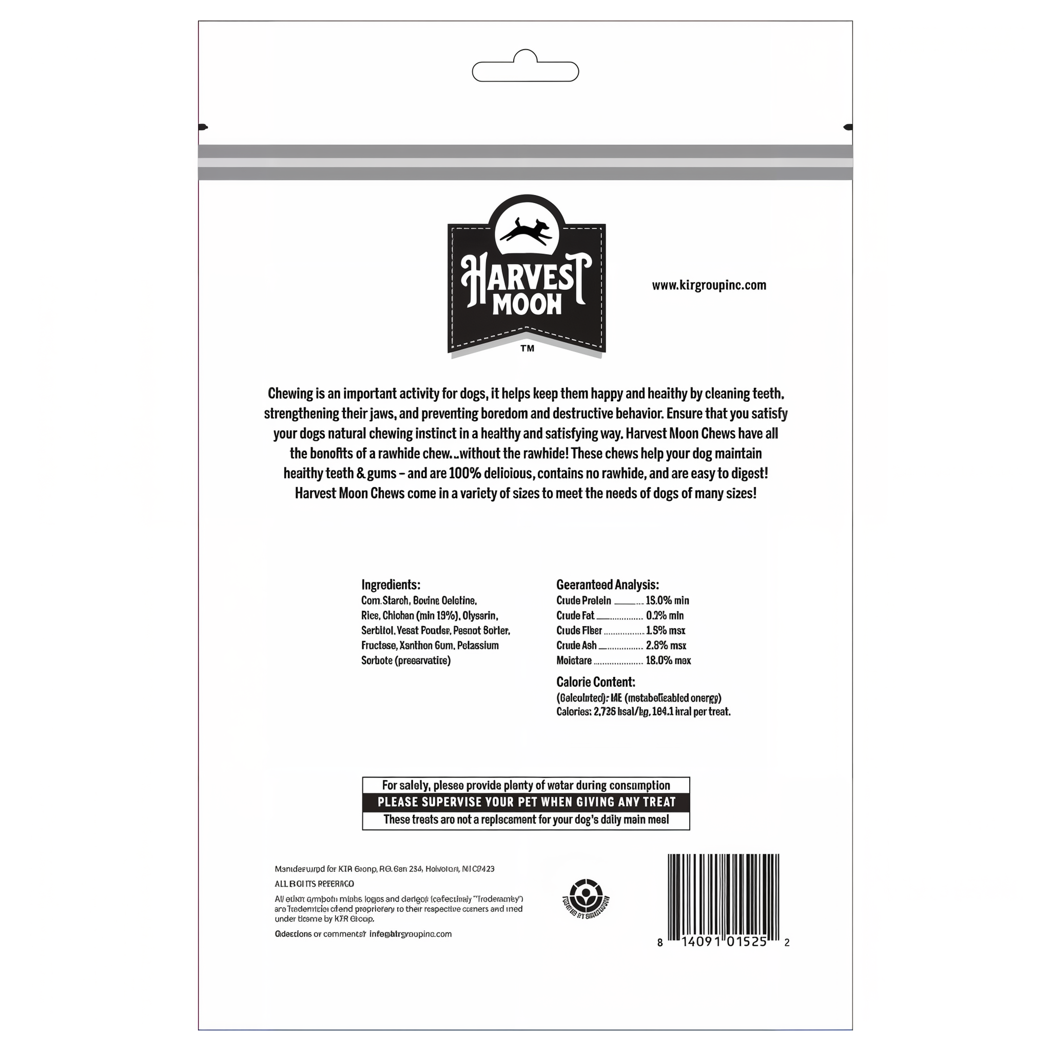 Harvest Moon Hide Free Puffed Peanut Butter Braided Rings 2 Pack back label with ingredients and guaranteed analysis