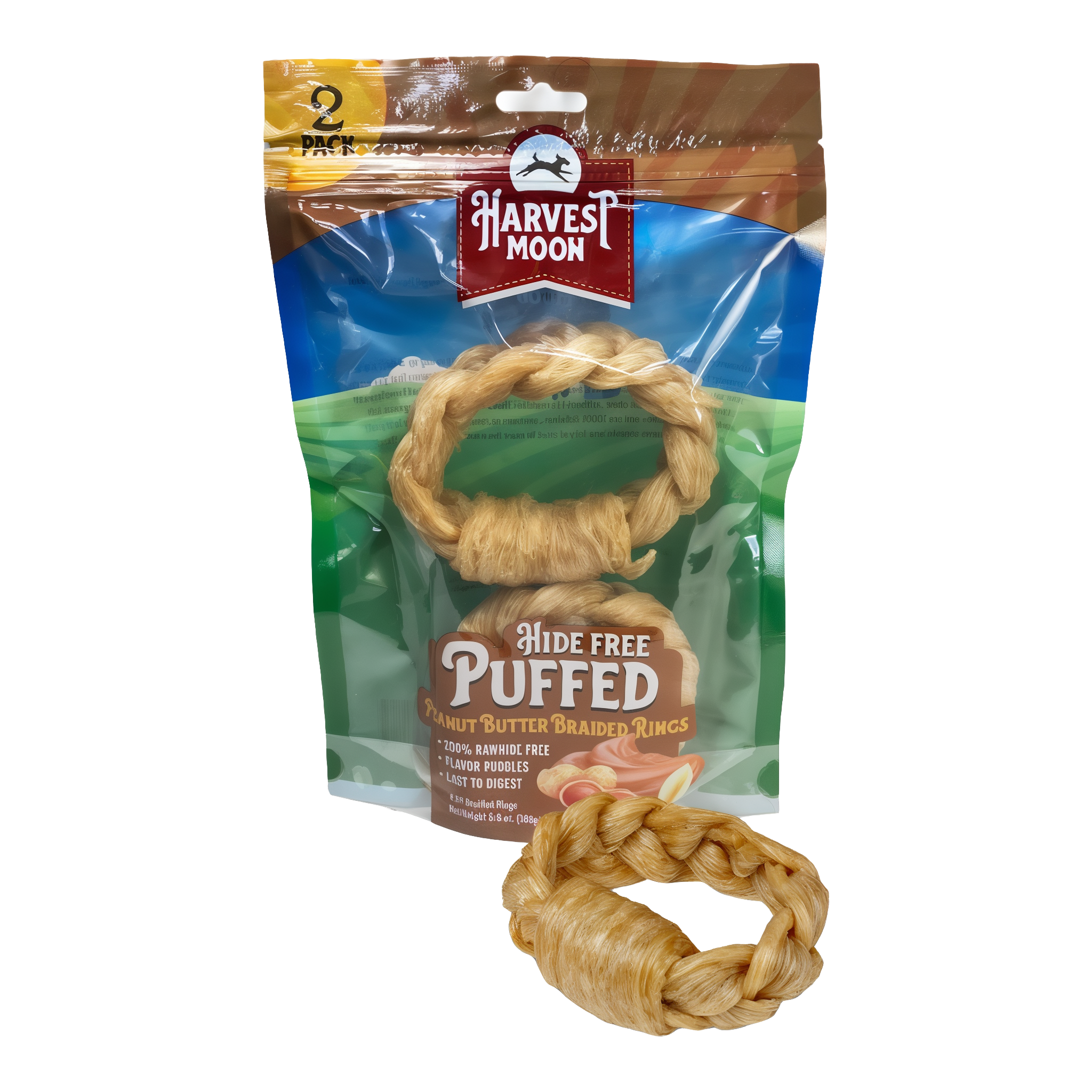 Harvest Moon Hide Free Puffed Peanut Butter Braided Rings 2 Pack bag front with treats