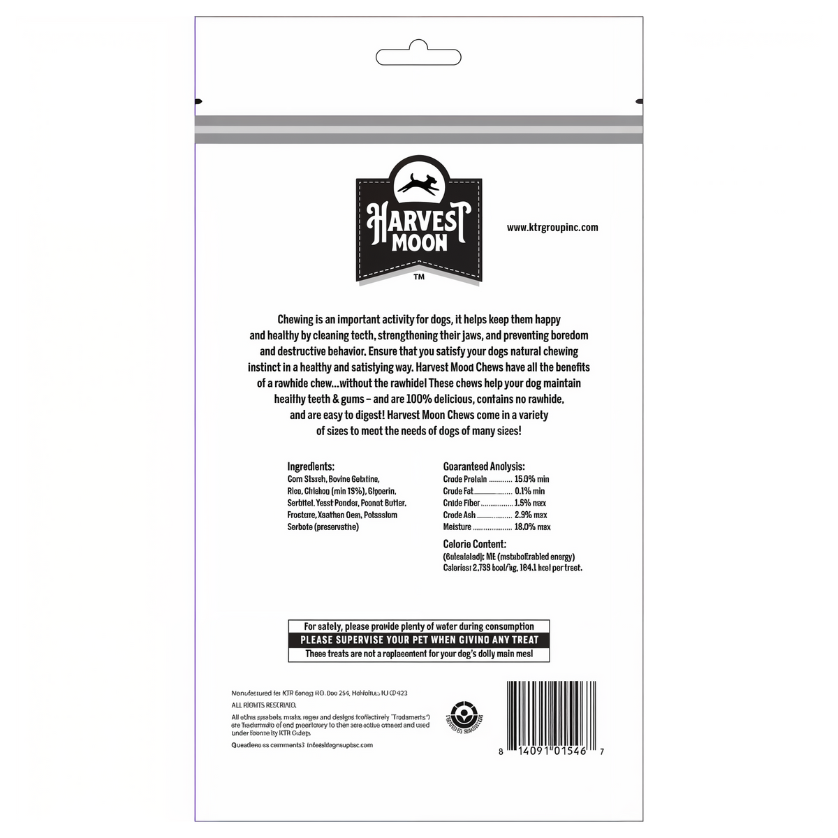 Harvest Moon Hide Free Puffed Peanut Butter Braided Twists 3 Pack back label with ingredients and guaranteed analysis