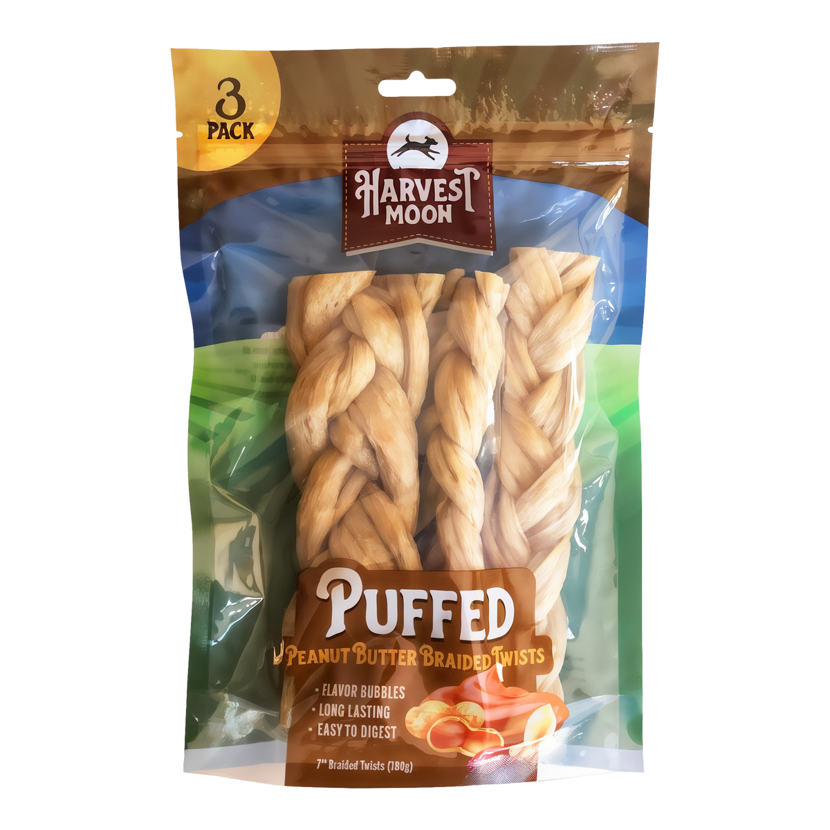 Harvest Moon Hide Free Puffed Peanut Butter Braided Twists 3 Pack bag front