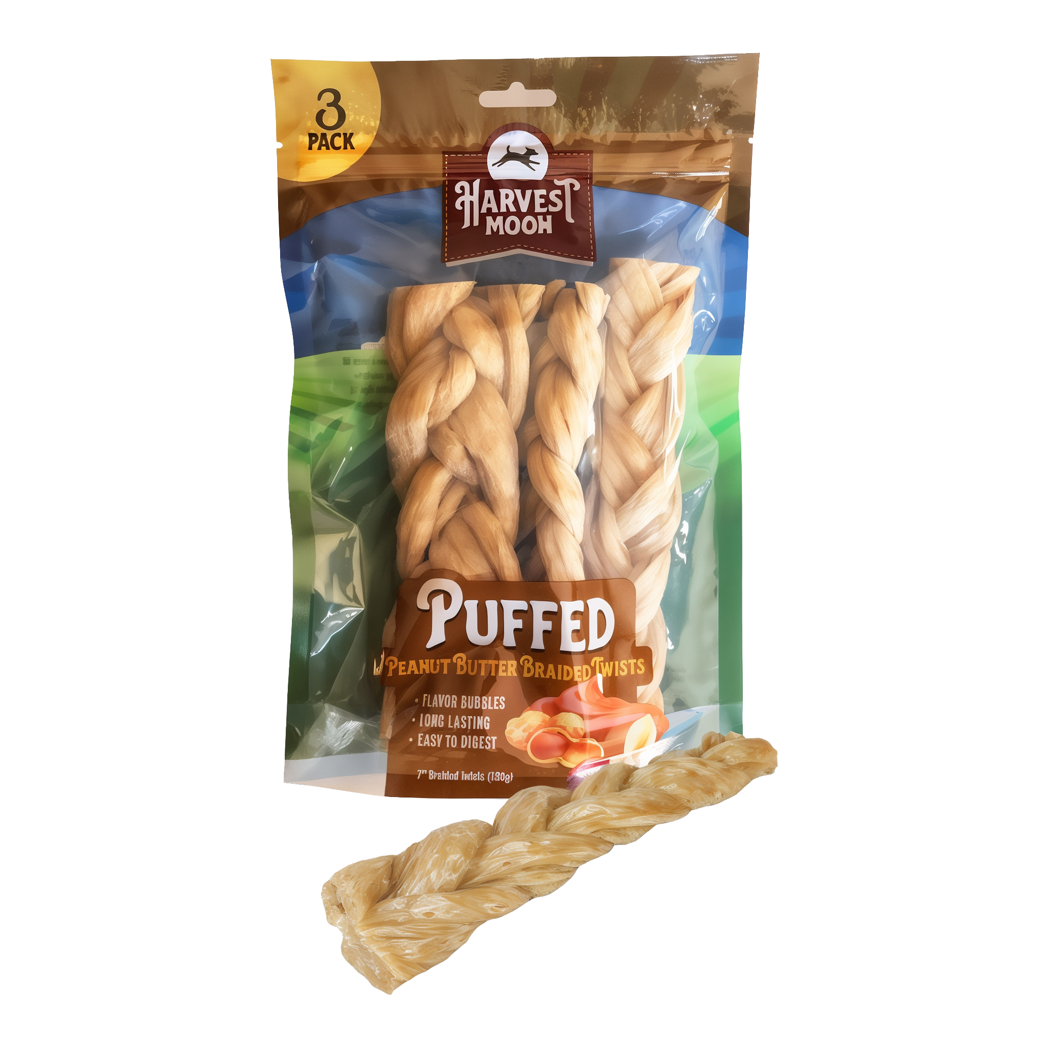 Harvest Moon Hide Free Puffed Peanut Butter Braided Twists 3 Pack bag front with treats