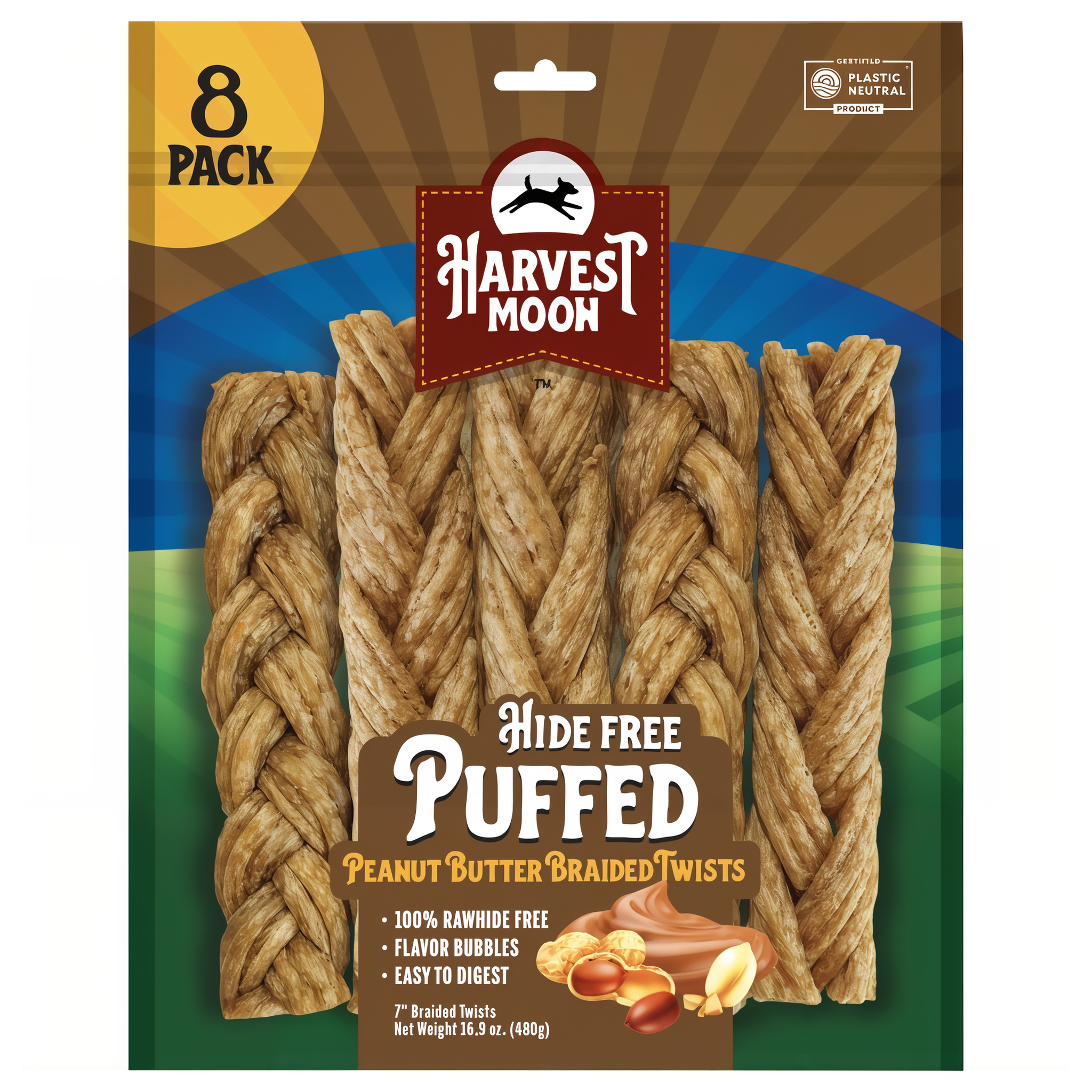Harvest Moon Hide Free Puffed Peanut Butter Braided Twists 8 Pack bag front