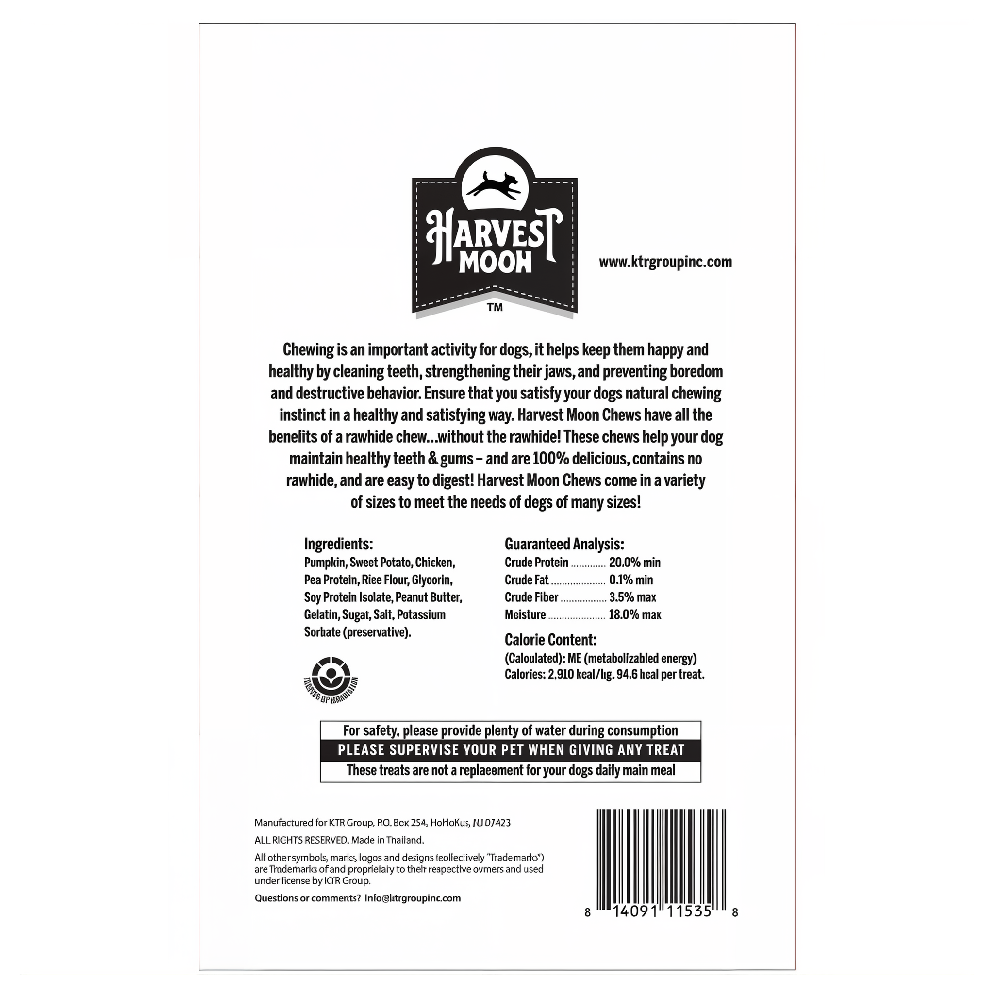Harvest Moon Hide Free Puffed Peanut Butter Kabob Rings 4 Pack back label with ingredients and guaranteed analysis