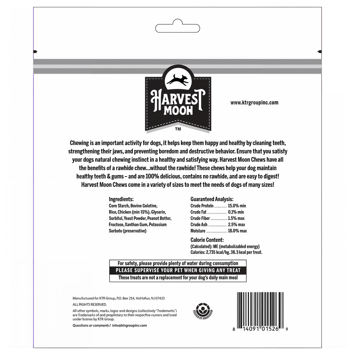 Harvest Moon Hide Free Puffed Peanut Butter Strips 8 Pack back label with ingredients and guaranteed analysis