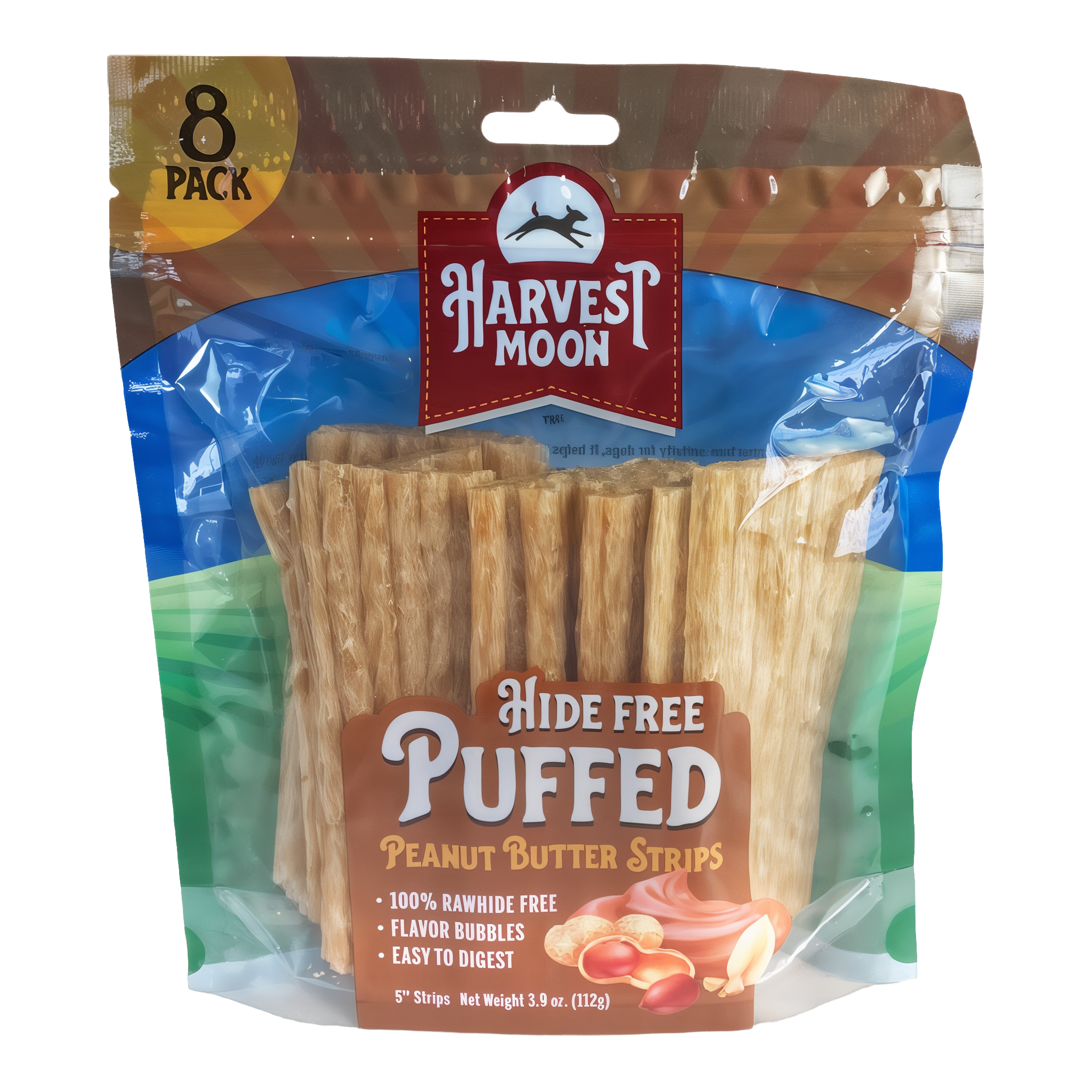 Harvest Moon Hide Free Puffed Peanut Butter Strips 8 Pack bag front