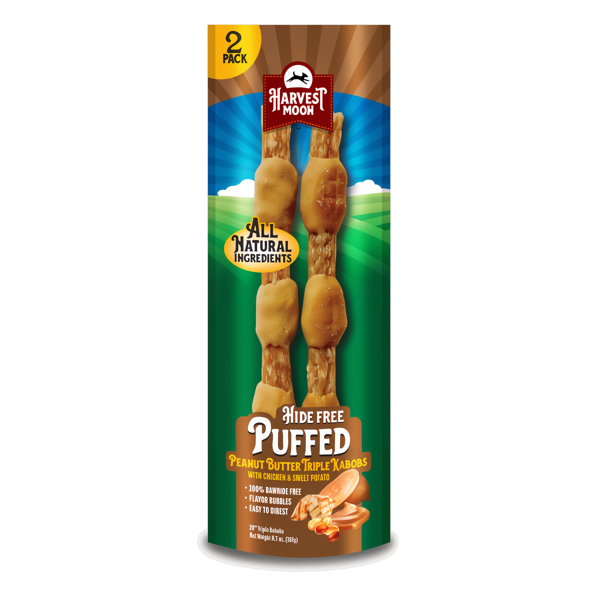 Harvest Moon Hide Free Puffed Peanut Butter Triple Kabobs 2 Pack bag front with treats