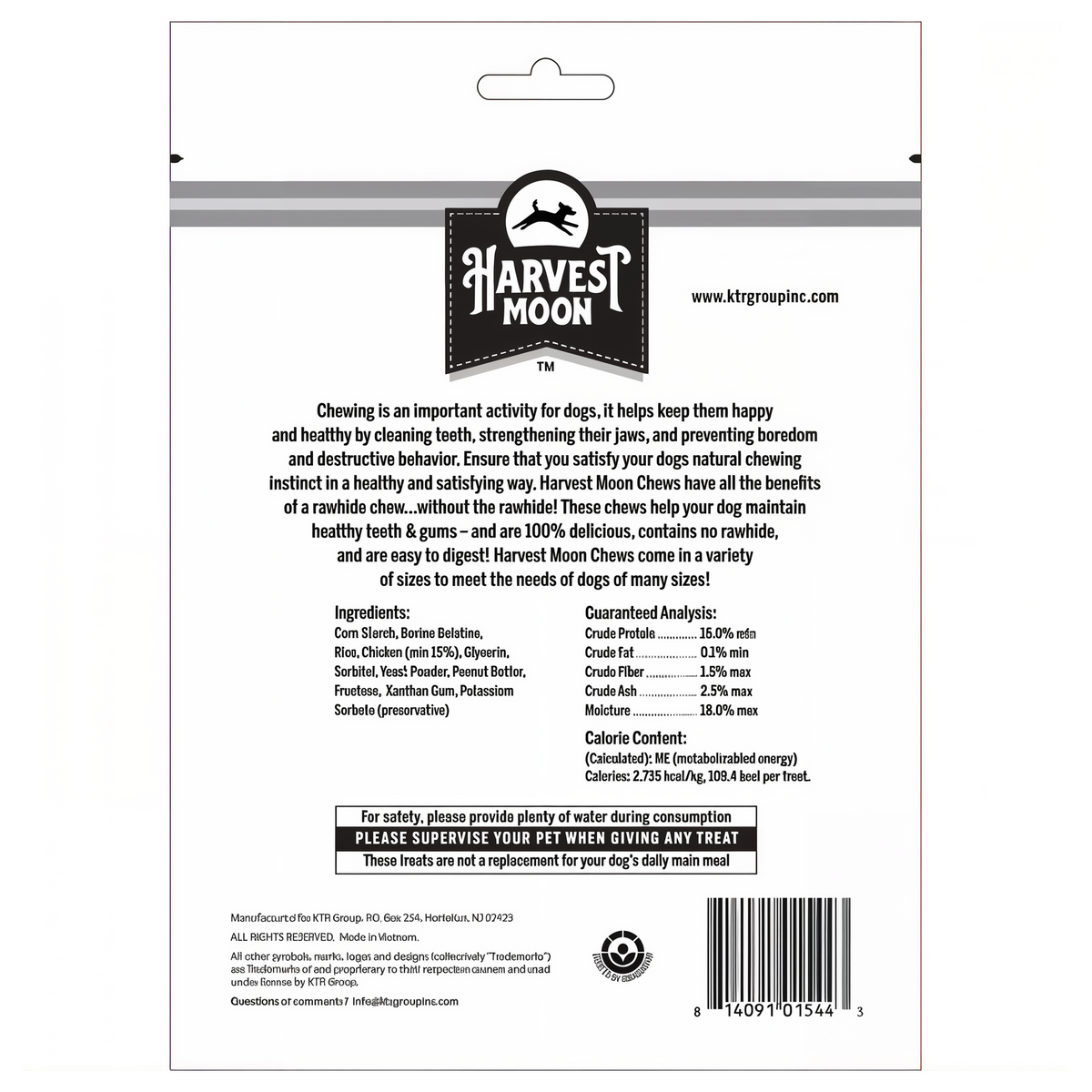 Harvest Moon Hide Free Puffed Peanut Butter Twists 5 Pack back label with ingredients and guaranteed analysis