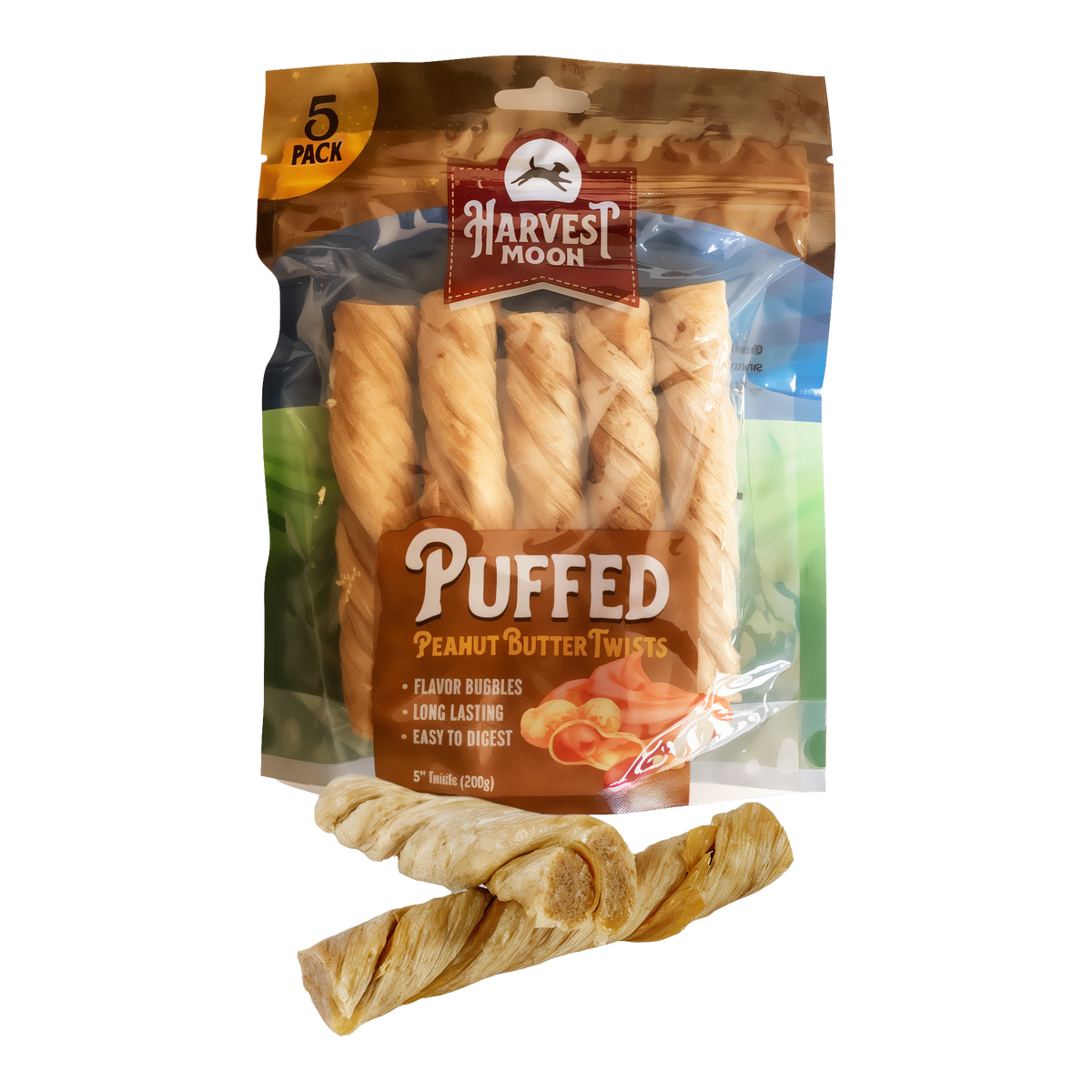 Harvest Moon Hide Free Puffed Peanut Butter Twists 5 Pack bag front with treats