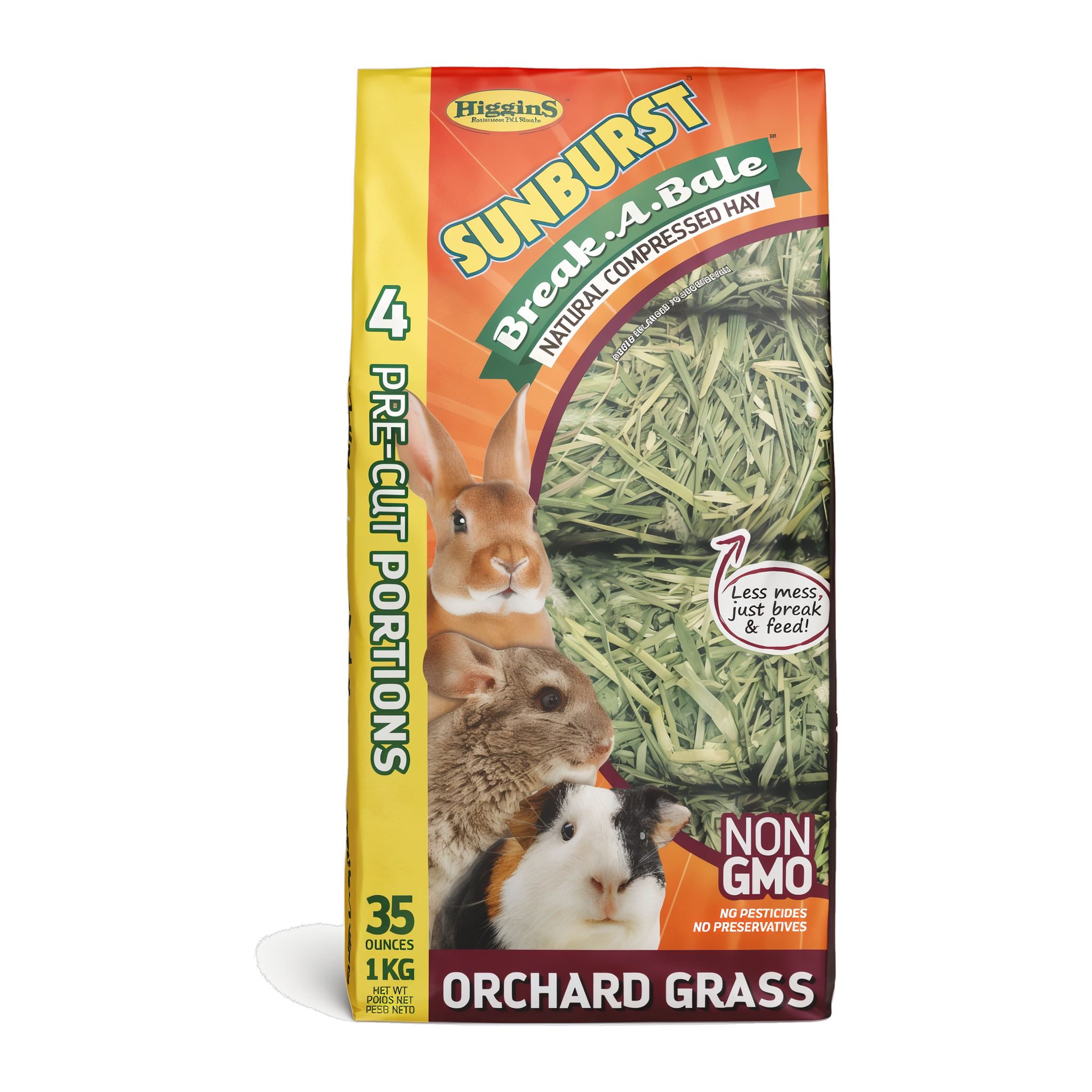 Higgins Sunburst Break-A-Bale Compressed Hay Orchard Grass 35 oz bale, front