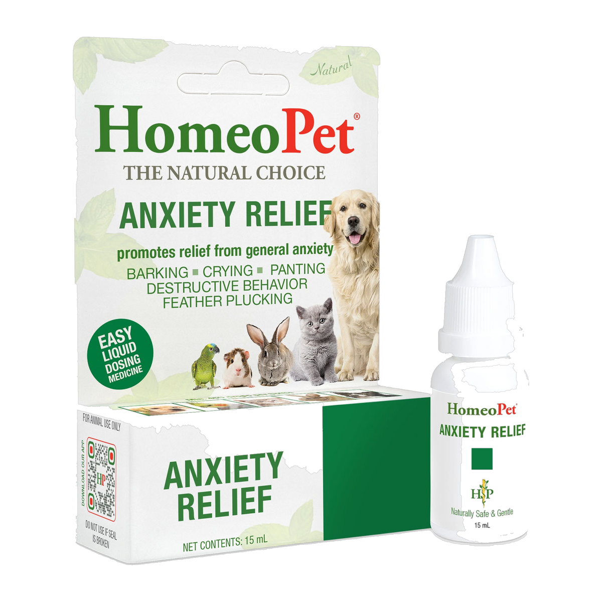 HomeoPet Anxiety Relief 15 ml natural homeopathic drops, box and dropper bottle
