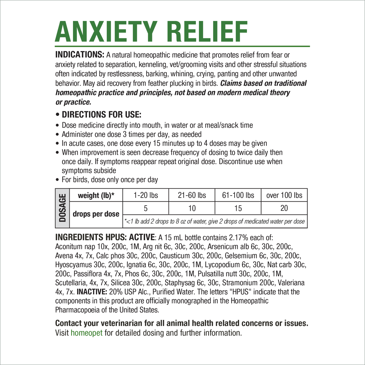 HomeoPet Anxiety Relief product insert with indications, directions, dosage chart and ingredients