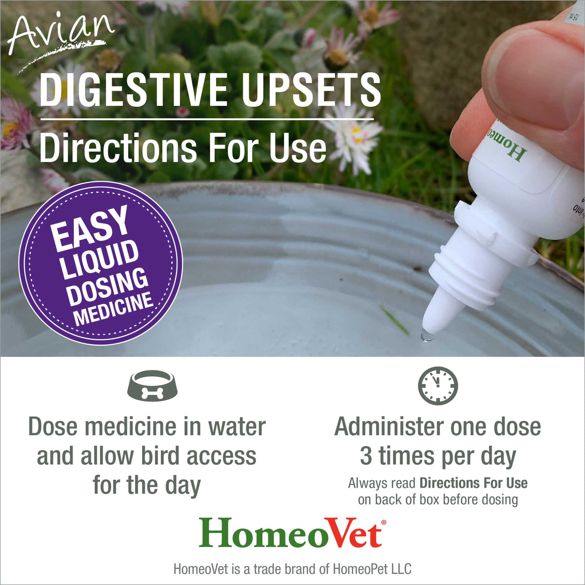 HomeoPet Avian Digestive Upsets directions for use, easy liquid dosing