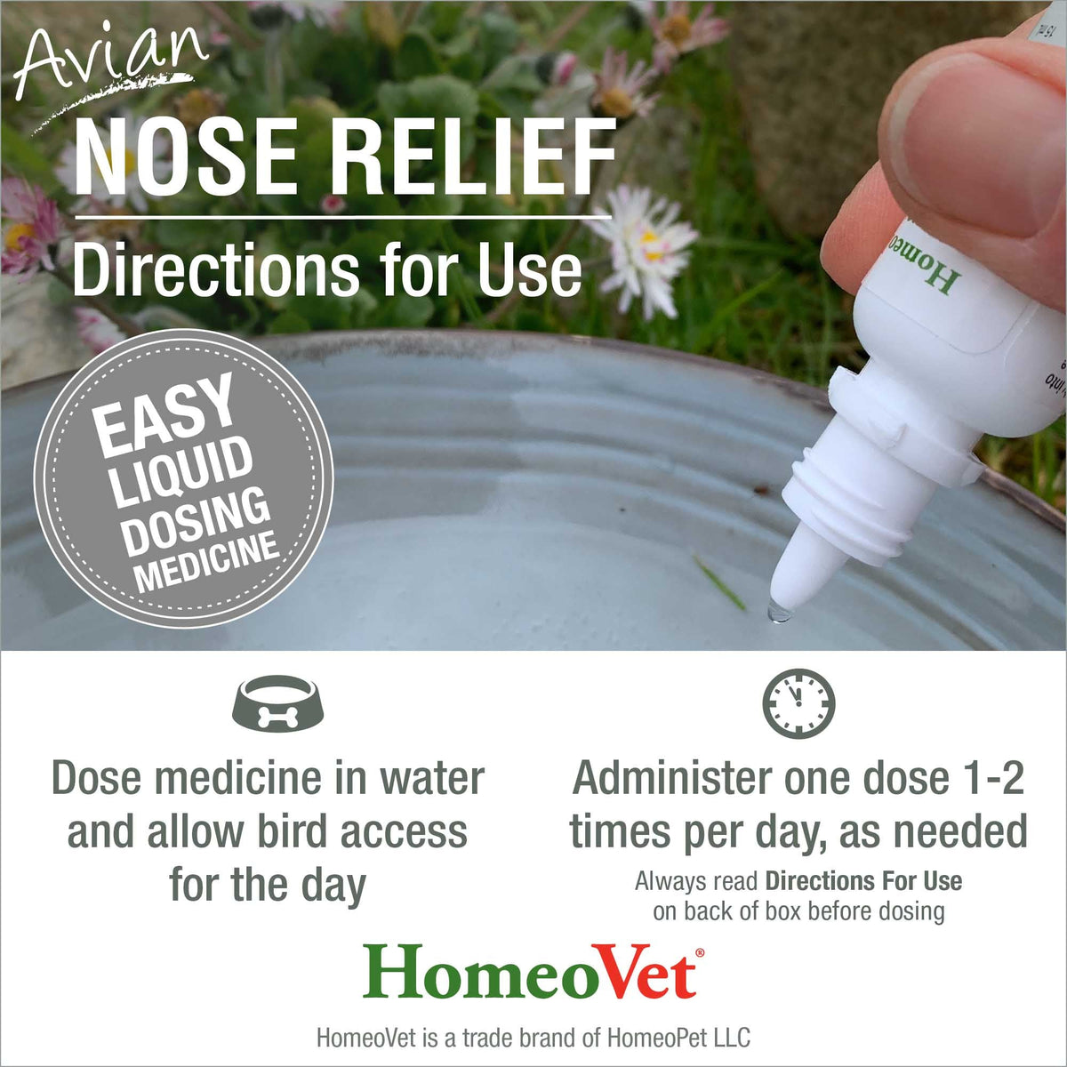 HomeoPet Avian Nose Relief directions for use, easy liquid dosing